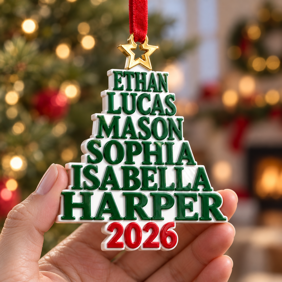 Green Stacked Name Christmas Tree Holiday Decor with Star Topper - 3D Relief Ornament