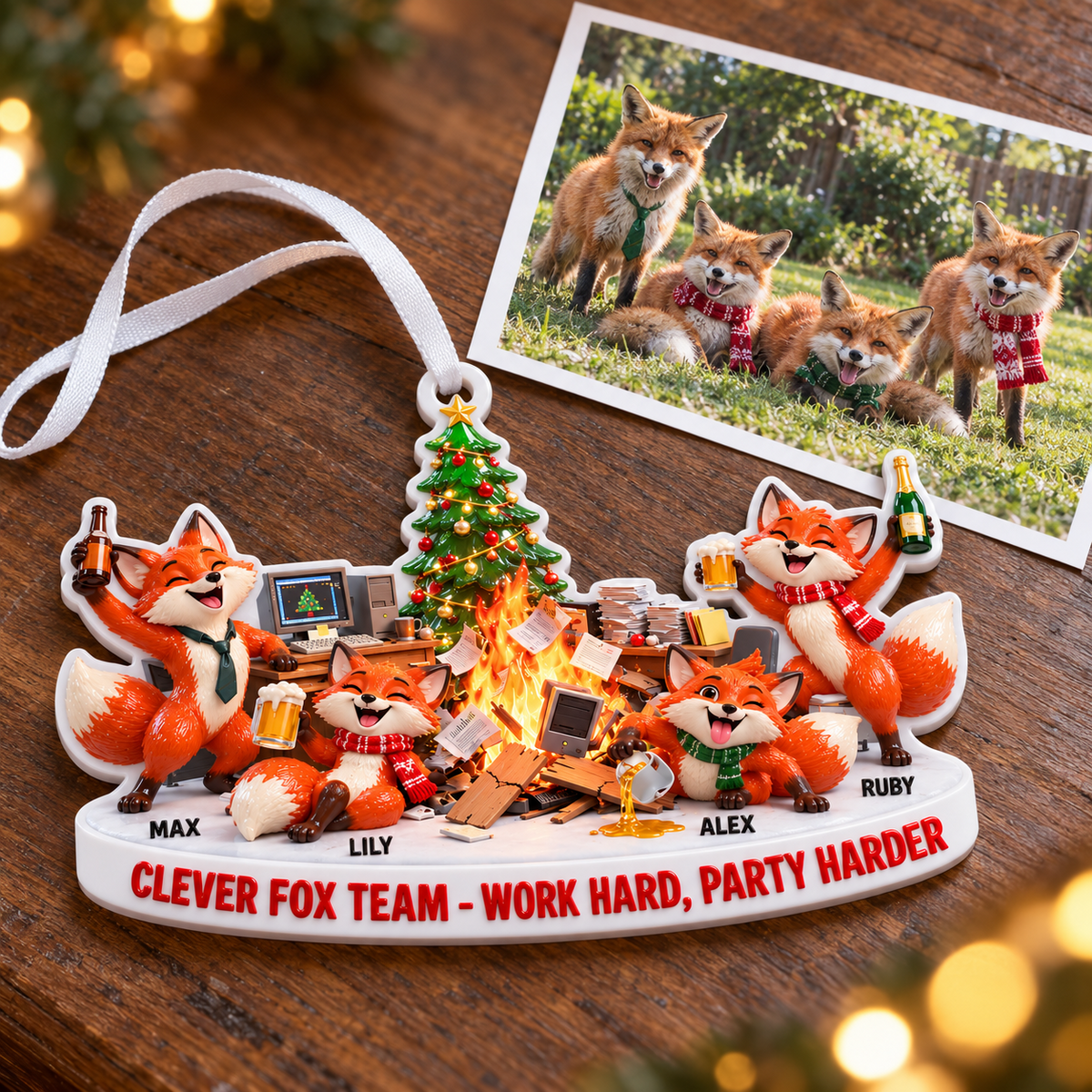 Funny Office Christmas Party Foxes Holiday Tree Decoration - 3D Relief ...