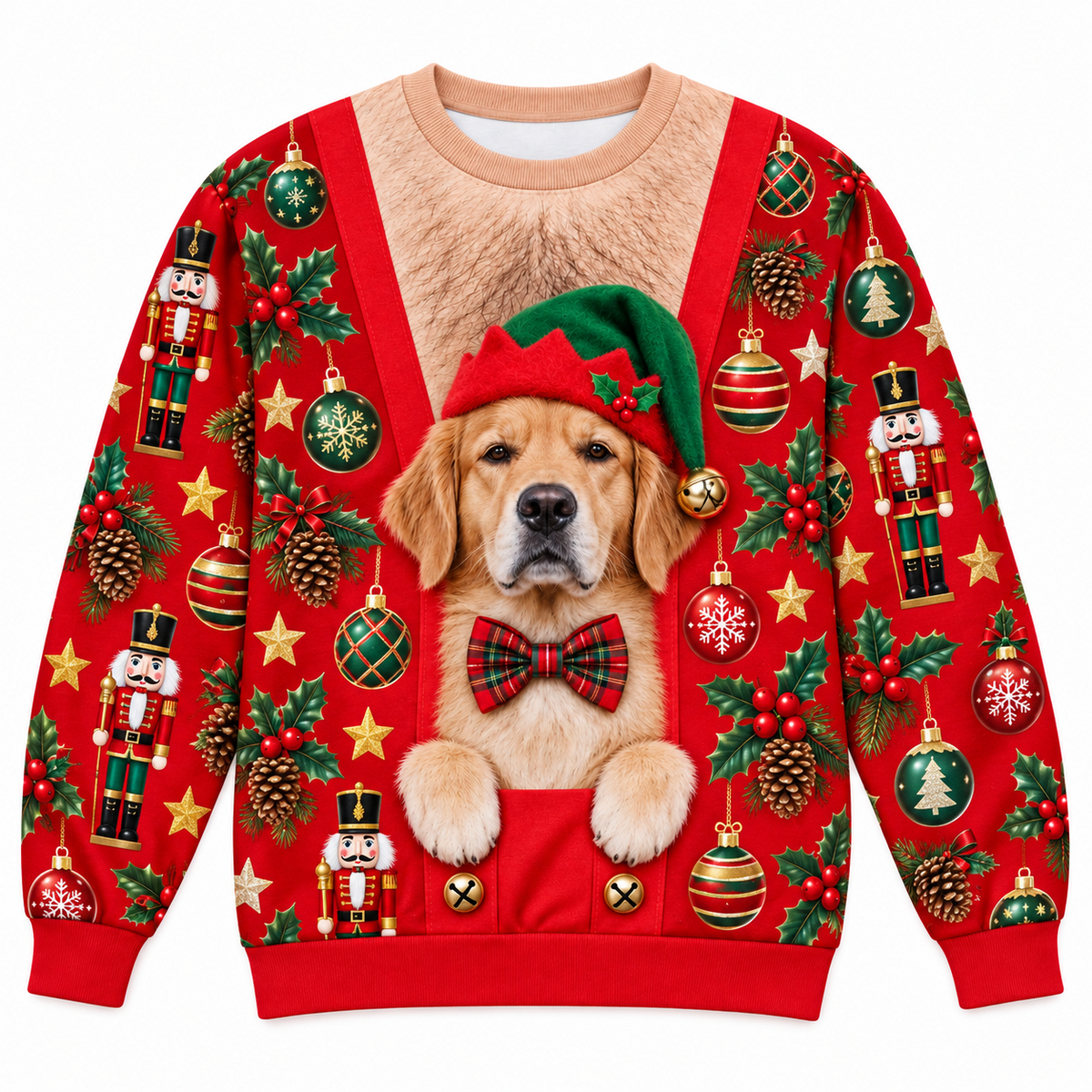 Golden Retriever Ugly Christmas Sweatshirt Faux Hairy Chest Pullover