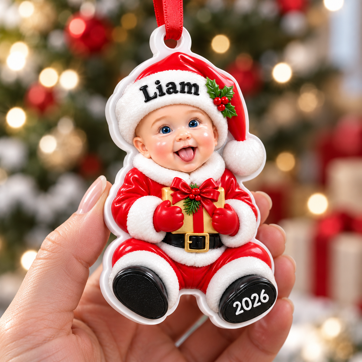 Red Santa Hat and Gold Gift Box Christmas Picture Frame Hanging Decor - 3D Relief Ornament