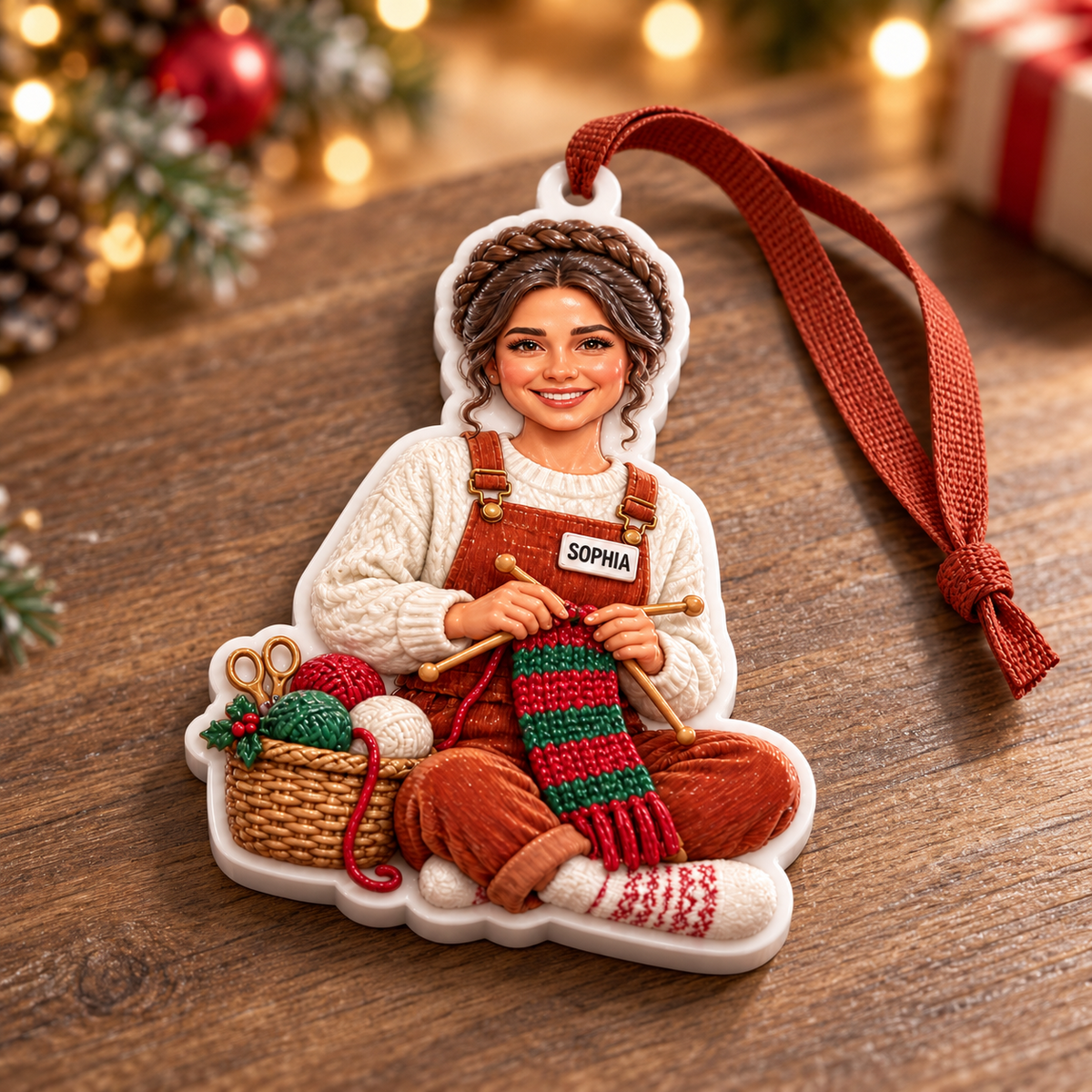 Knitting Girl Crafter with Yarn Basket Acrylic Holiday Hanging Keepsake - 3D Relief Ornament