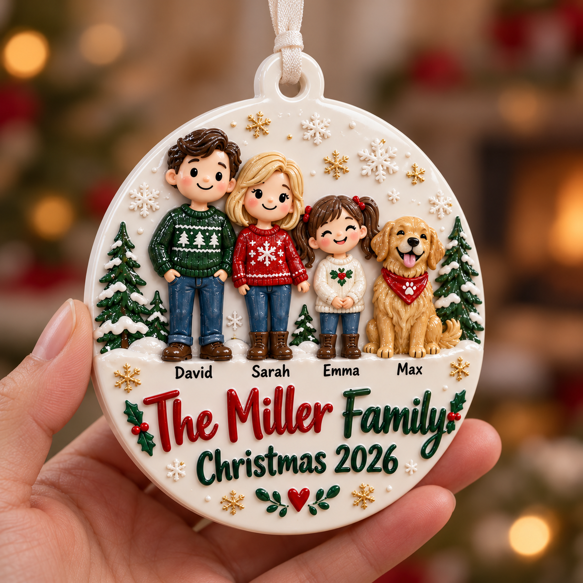 Family of Three with Dog Ceramic Round Holiday Keepsake - 3D Relief Ornament