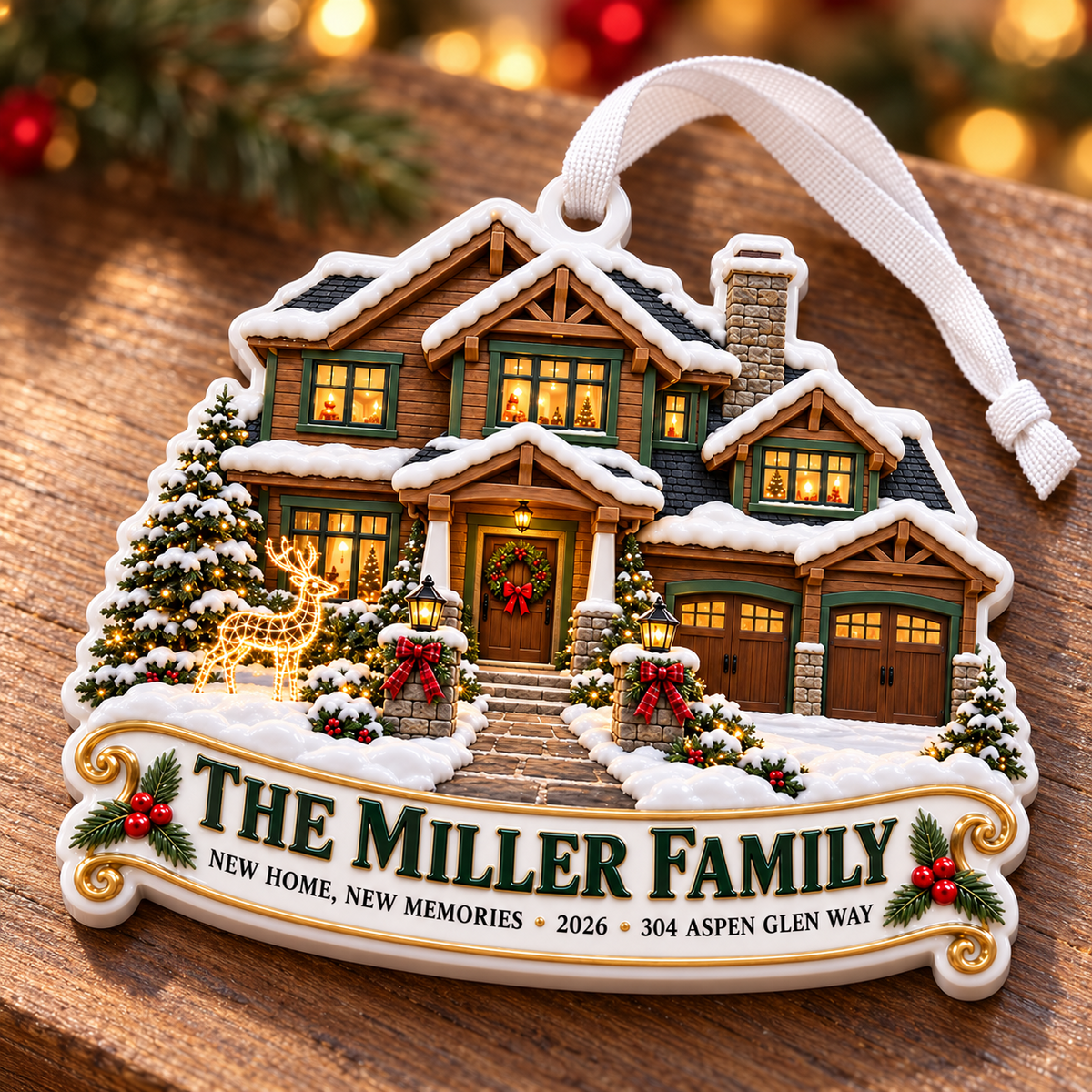 Snowy Winter House Holiday Keepsake with Ribbon Hanging Loop - 3D Relief Ornament
