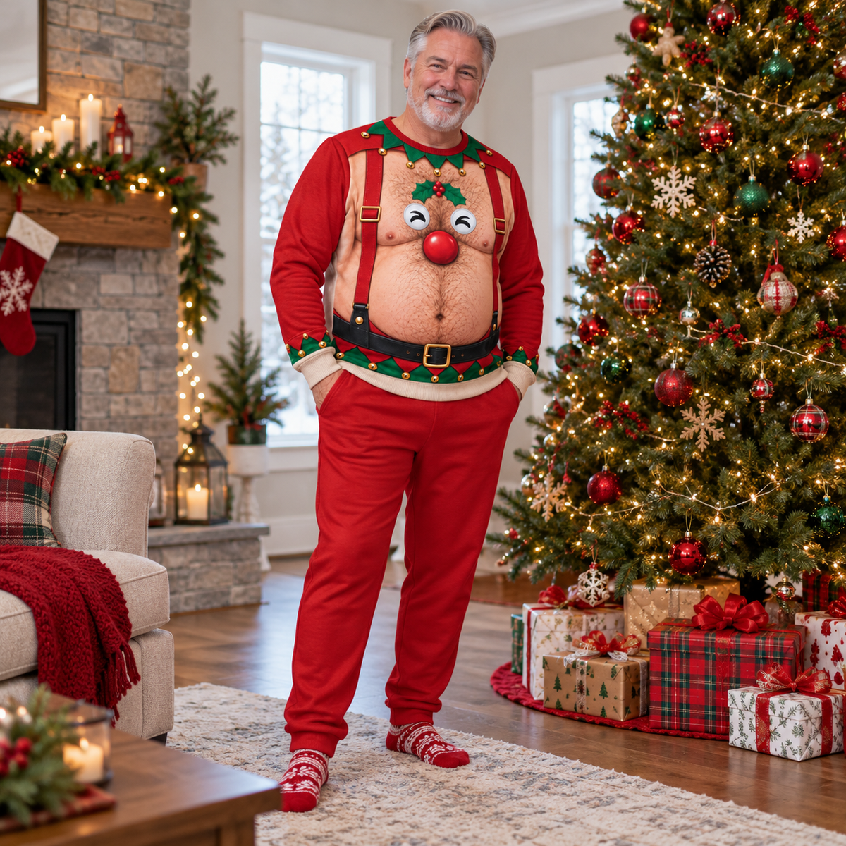 Christmas Sweatshirt Hairy Chest Reindeer Suspenders Pullover