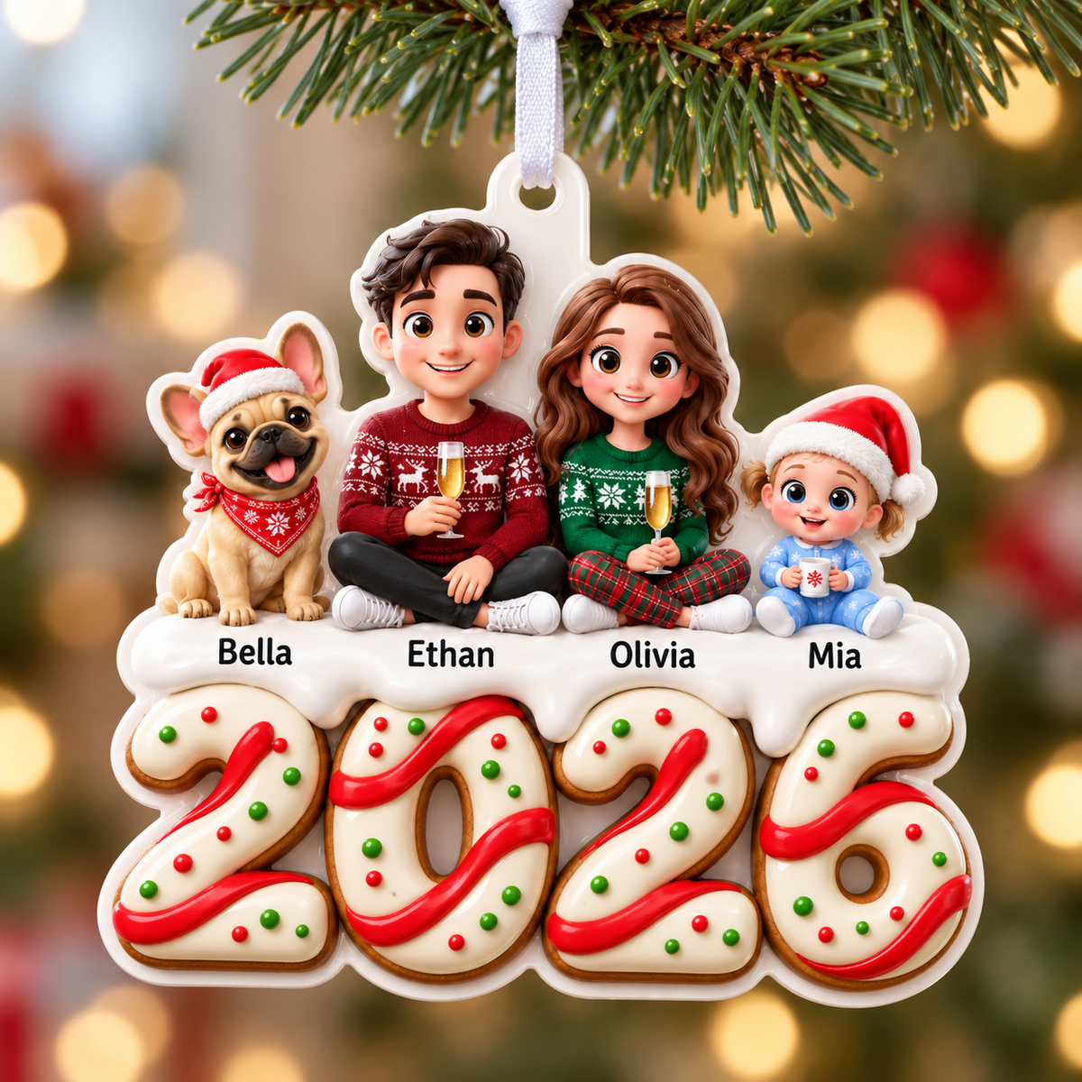 Family of Three with Dog 2026 Gingerbread Theme Christmas Tree Hanging Keepsake - 3D Relief Ornament
