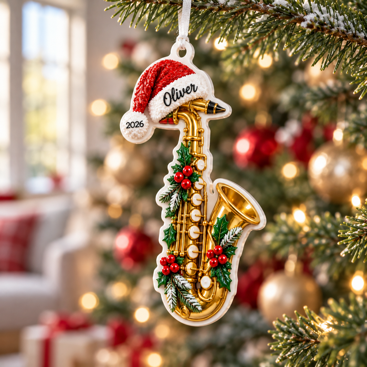 Christmas Golden Saxophone with Santa Hat Hanging Acrylic - 3D Relief Ornament