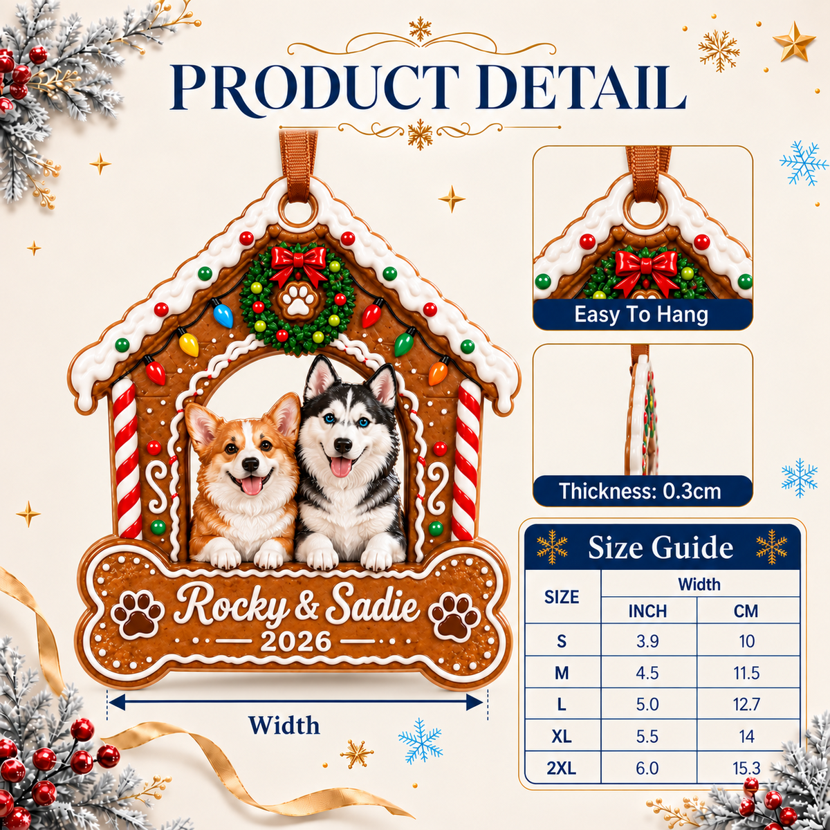 Gingerbread Doghouse Christmas Keepsake with Pet Figures and Bone Plaque - 3D Relief Ornament