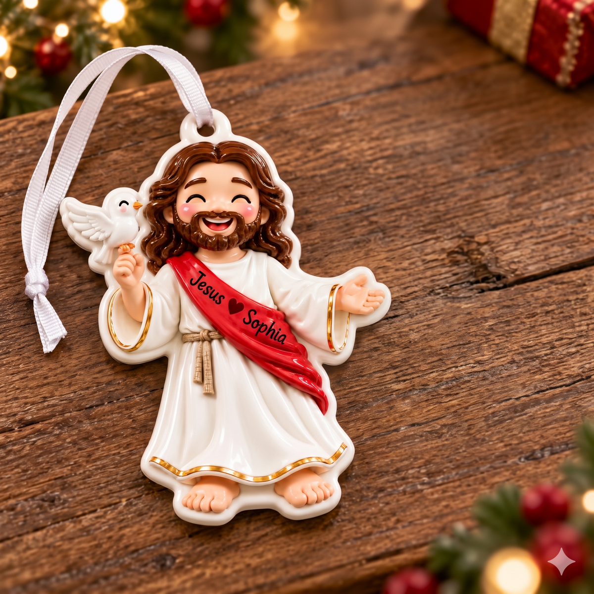Cartoon Jesus Holding White Dove Ceramic Style Holiday Keepsake - 3D Relief Ornament