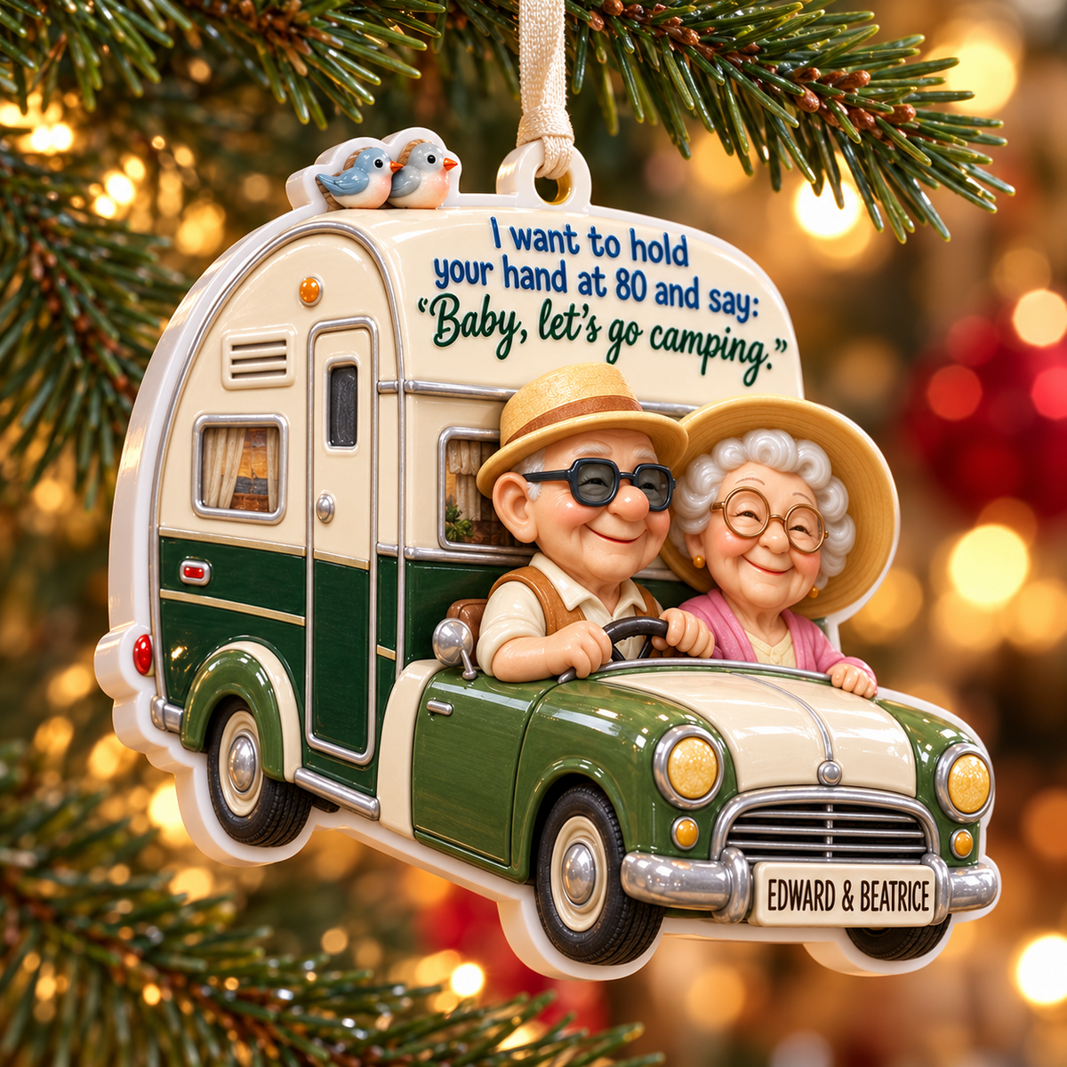 Elderly Couple Camping Car and Caravan Hanging Keepsake - 3D Relief Ornament