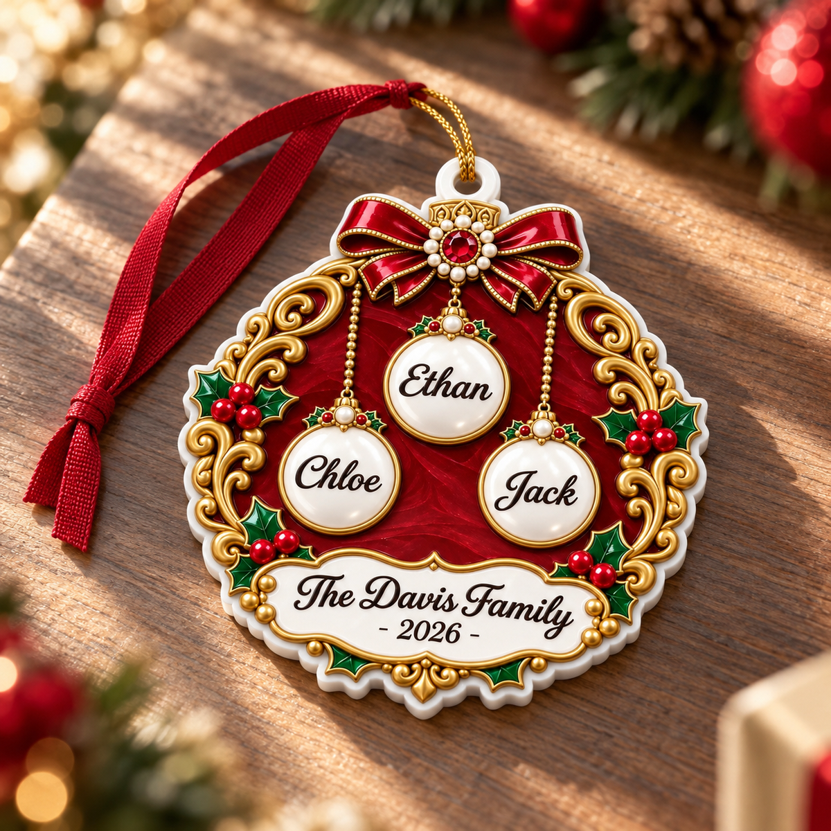 Christmas Family Bauble Medallion in Red and Gold Filigree Scrollwork - 3D Relief Ornament