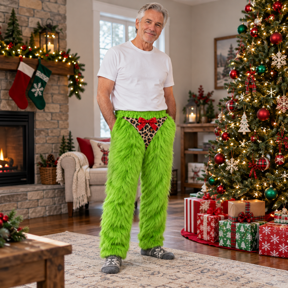 Mens Novelty Christmas Pajama Pants Faux Fur Print Holiday Loungewear