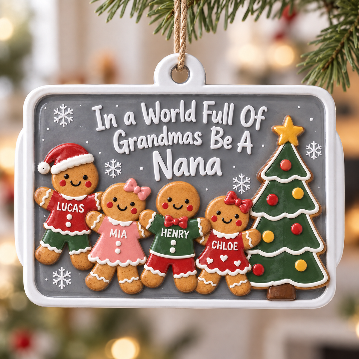 Nana Gingerbread Family Christmas Plaque, Rectangular Hanging Holiday Tree Decor - 3D Relief Ornament
