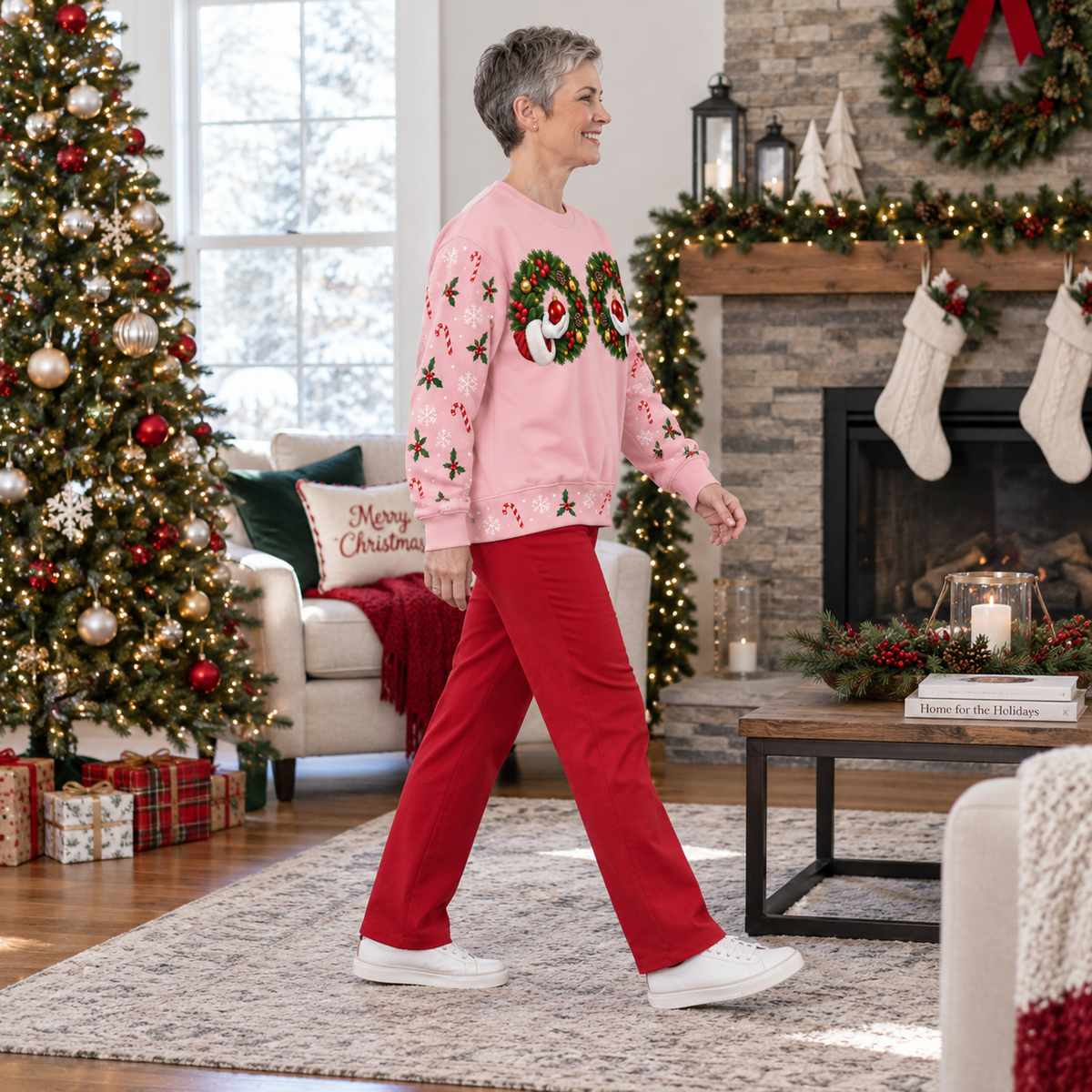 Christmas Sweatshirt with Funny Wreath Ornaments Holiday Crewneck