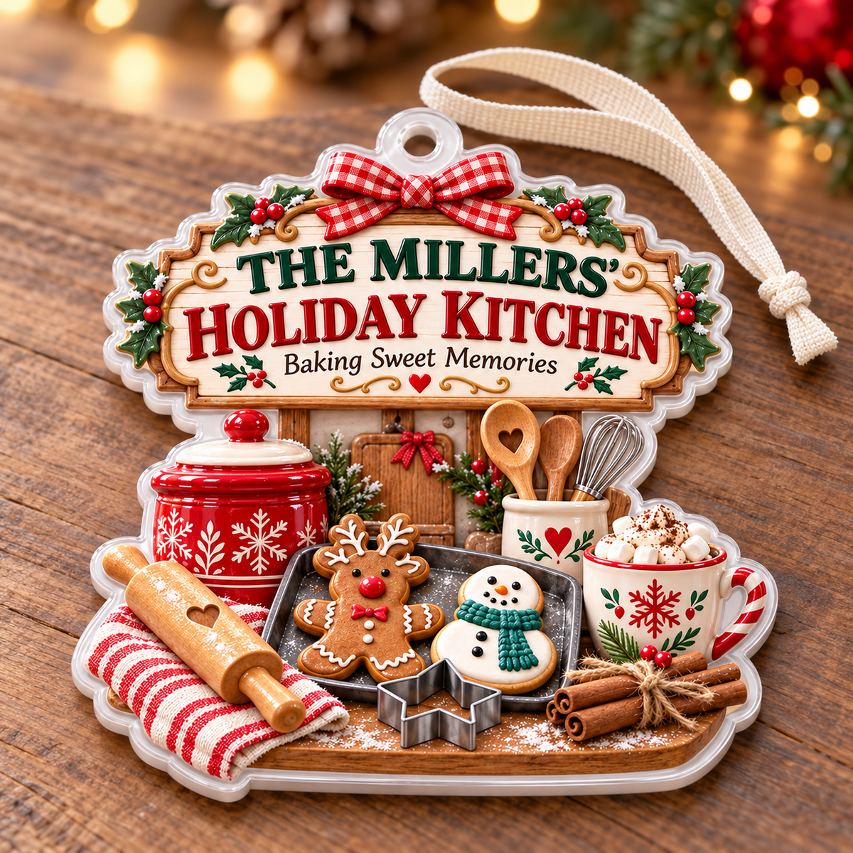 Holiday Kitchen Gingerbread Baking Scene Acrylic Hanging Tree Bauble - 3D Relief Ornament