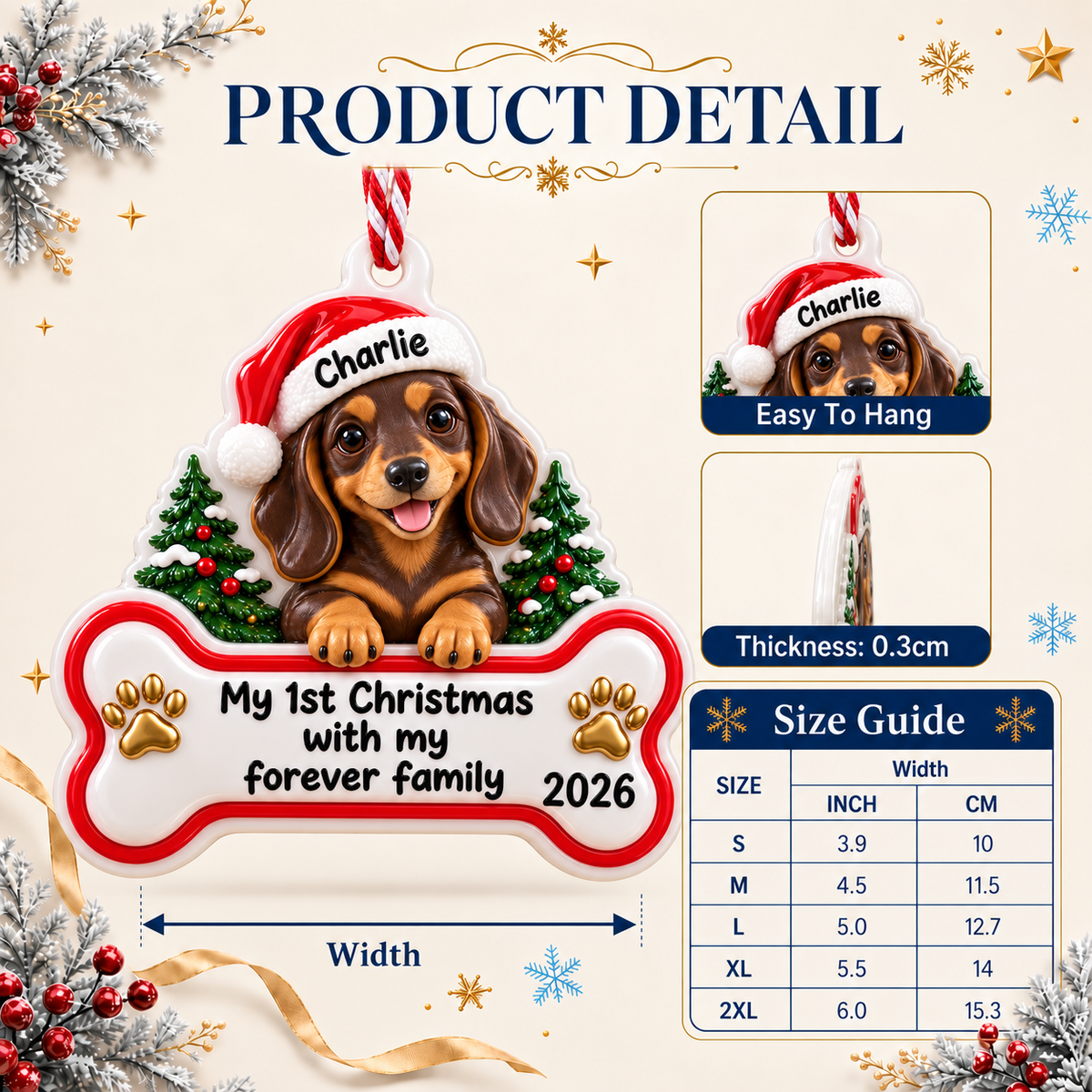 Dachshund Puppy First Christmas Dog Bone Hanging Holiday Tree Plaque - 3D Relief Ornament