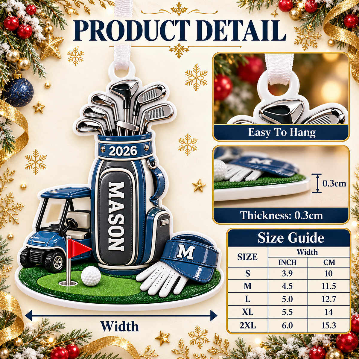 Golf Cart Bag and Clubs Holiday Tree Hanging Decoration - 3D Relief Ornament