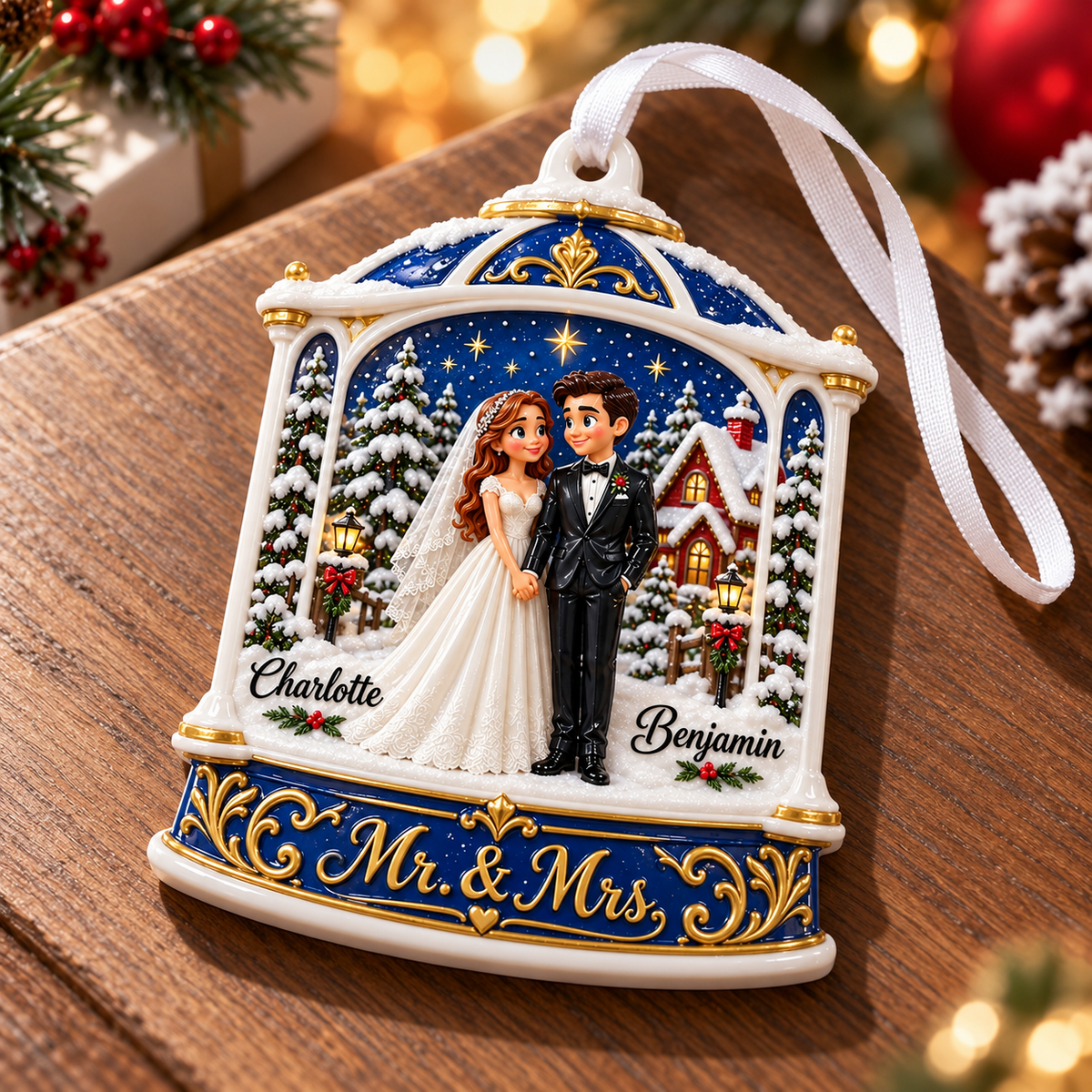 Winter Wedding Couple Mr and Mrs Blue Bell Christmas Tree Keepsake - 3D Relief Ornament