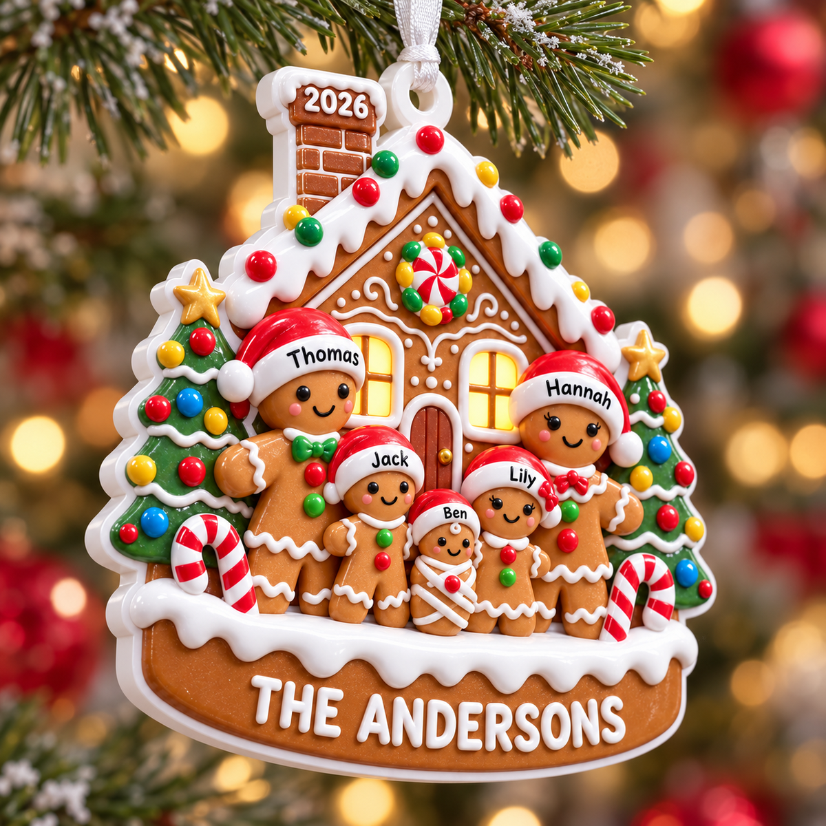 Gingerbread House Family of Five Holiday Tree Hanging Decoration - 3D Relief Ornament