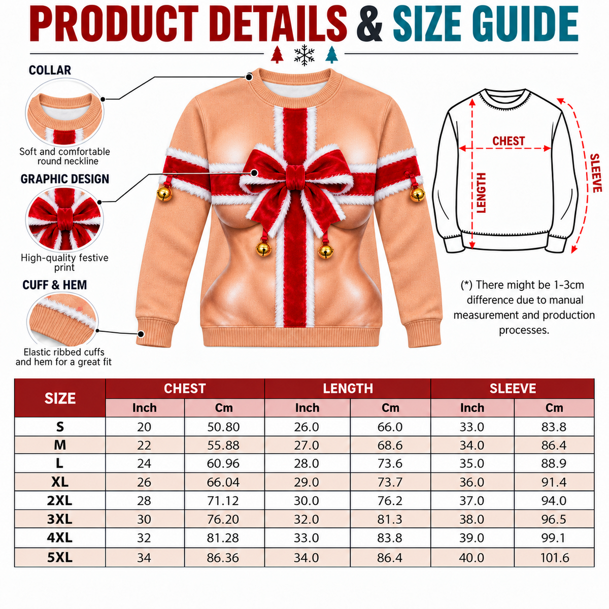Funny Christmas Sweatshirt, Ribbon Bow Graphic Crewneck Pullover