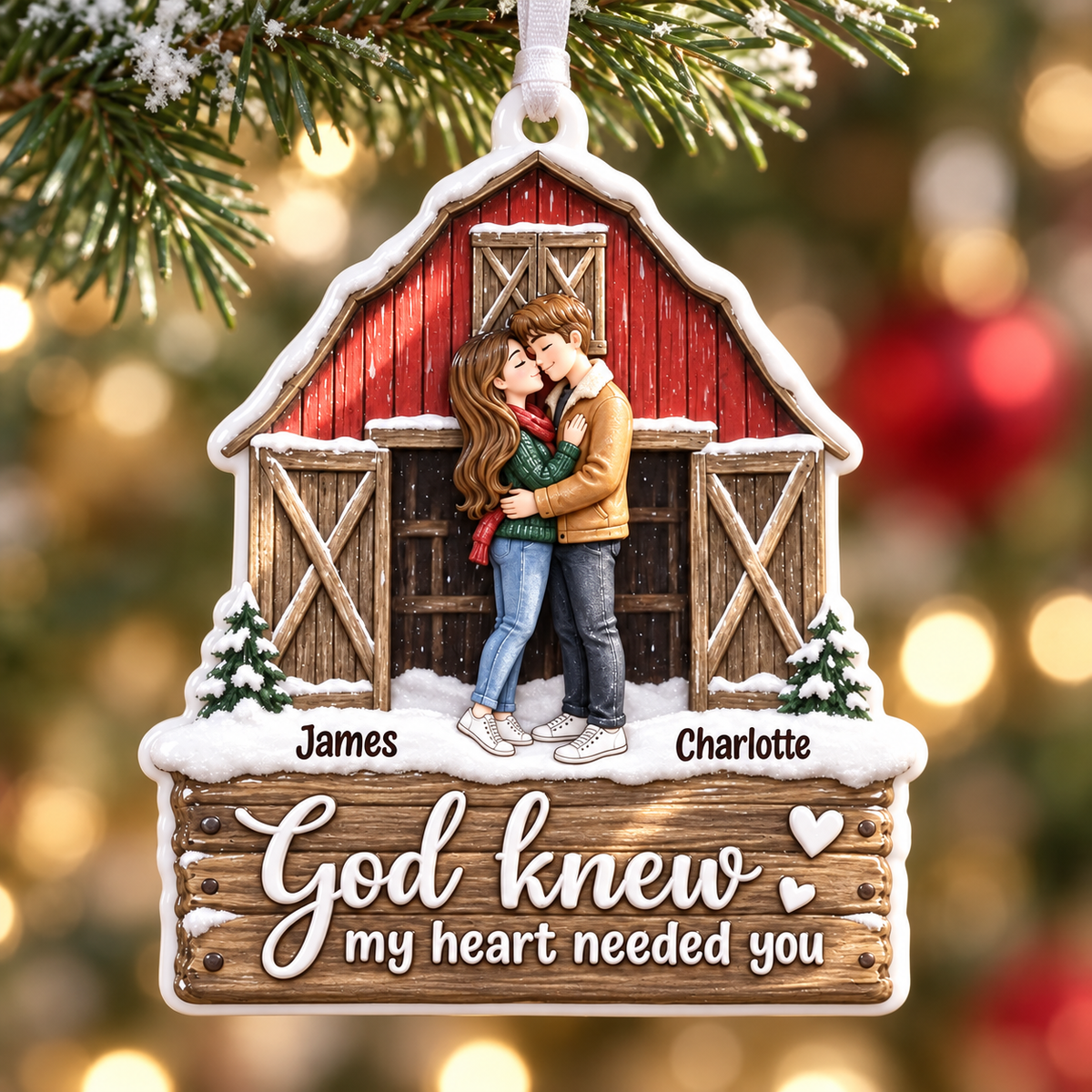 Couple Christmas Keepsake, Rustic Red Barn Farmhouse Holiday Hanging Decor - 3D Relief Ornament