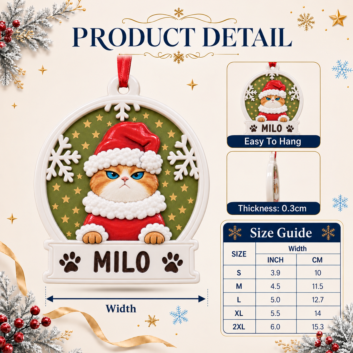 Scowling Orange Cat in Santa Hat Snow Globe Plaque Christmas Tree Hanging - 3D Relief Ornament