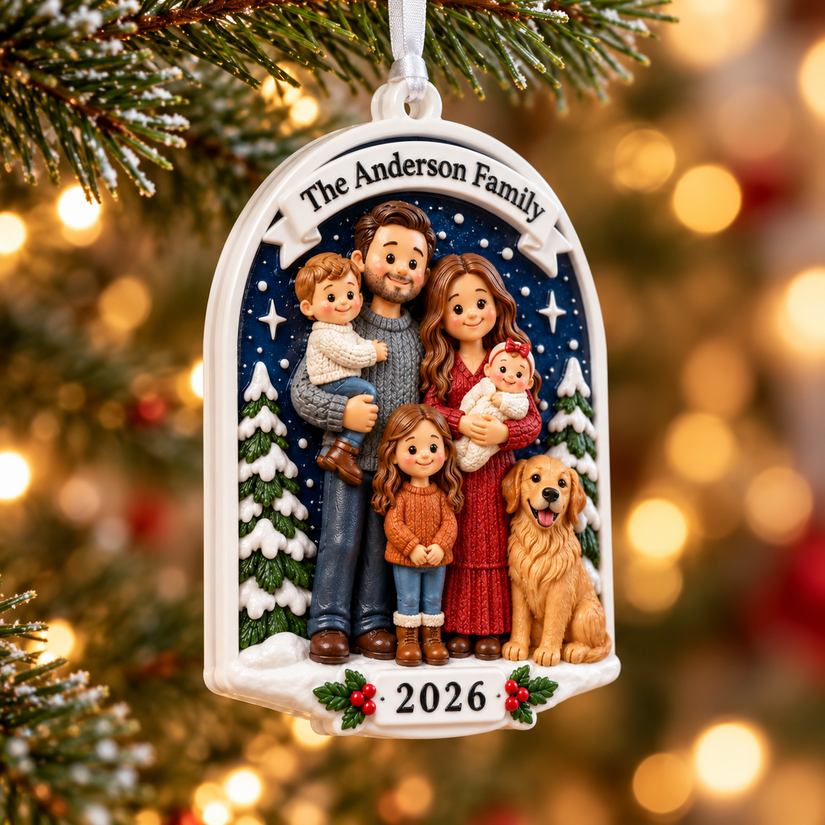 Family of Five with Golden Retriever Dog Holiday Keepsake Arch - 3D Relief Ornament