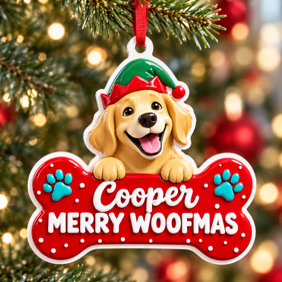 Golden Retriever Puppy Wearing Elf Hat Dog Bone Holiday Tree Decor - 3D Relief Ornament