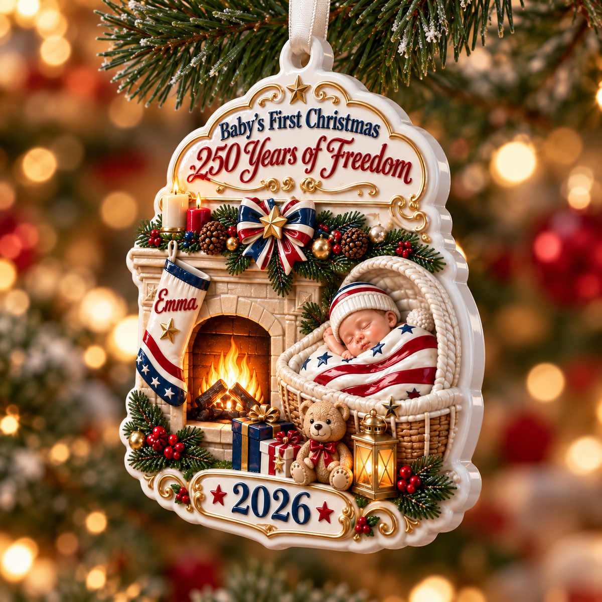 Baby's First Christmas 2026 Patriotic Fireplace Holiday Keepsake - 3D Relief Ornament
