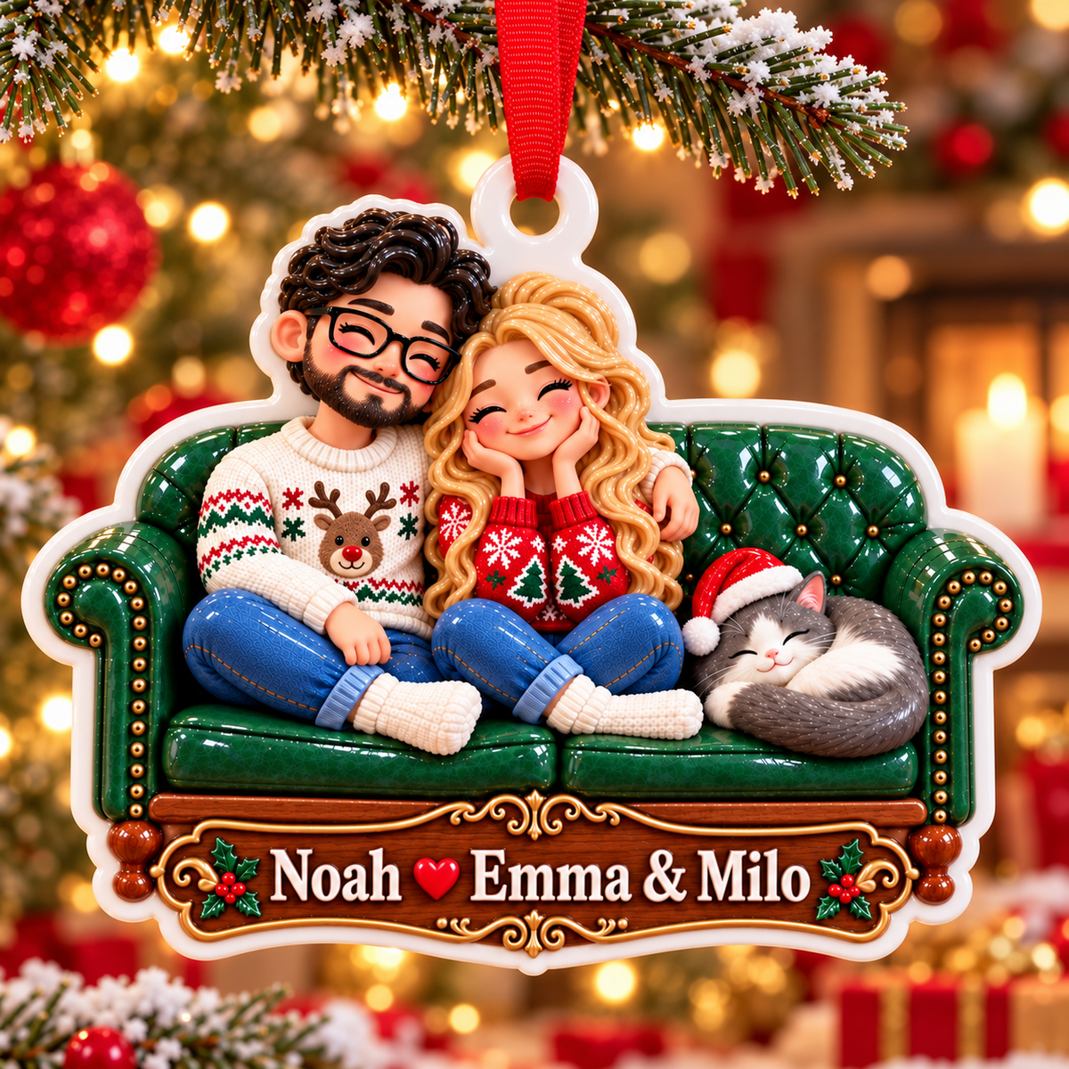 Couple with Cat on Green Tufted Sofa Acrylic Christmas Tree Hanging Decor - 3D Relief Ornament