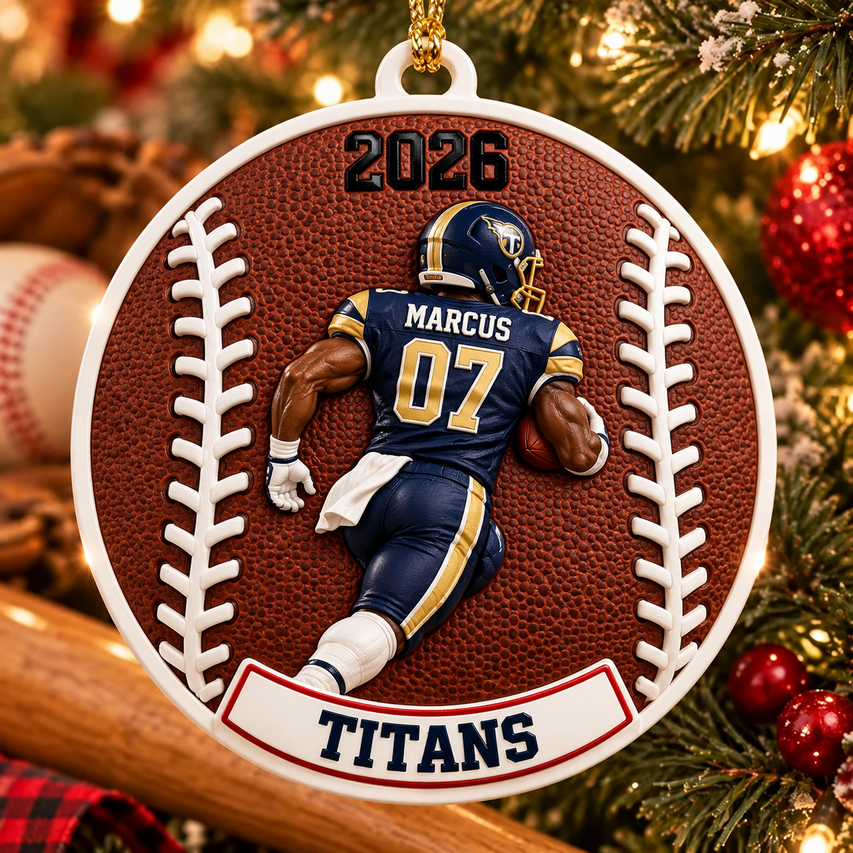 Football Running Back Round Medallion Holiday Tree Keepsake - 3D Relief Ornament