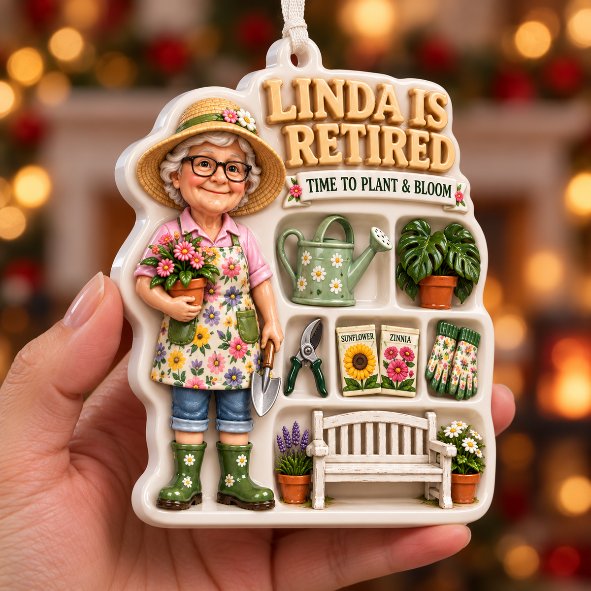 Retired Gardener Woman with Shed Tools and Floral Plants Holiday Keepsake - 3D Relief Ornament