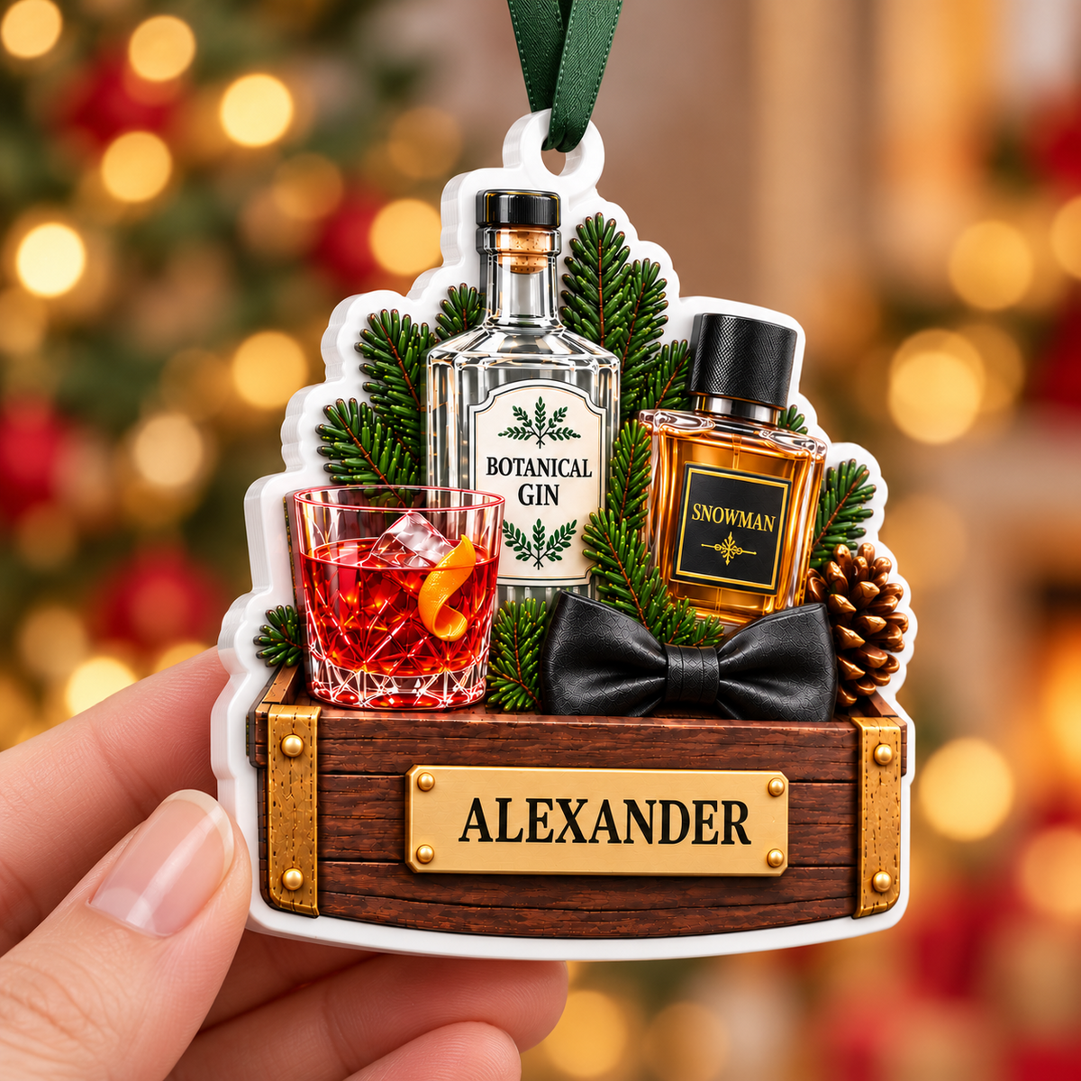 Gin Bottle Cocktail and Cologne Crate Acrylic Hanging Holiday Keepsake - 3D Relief Ornament