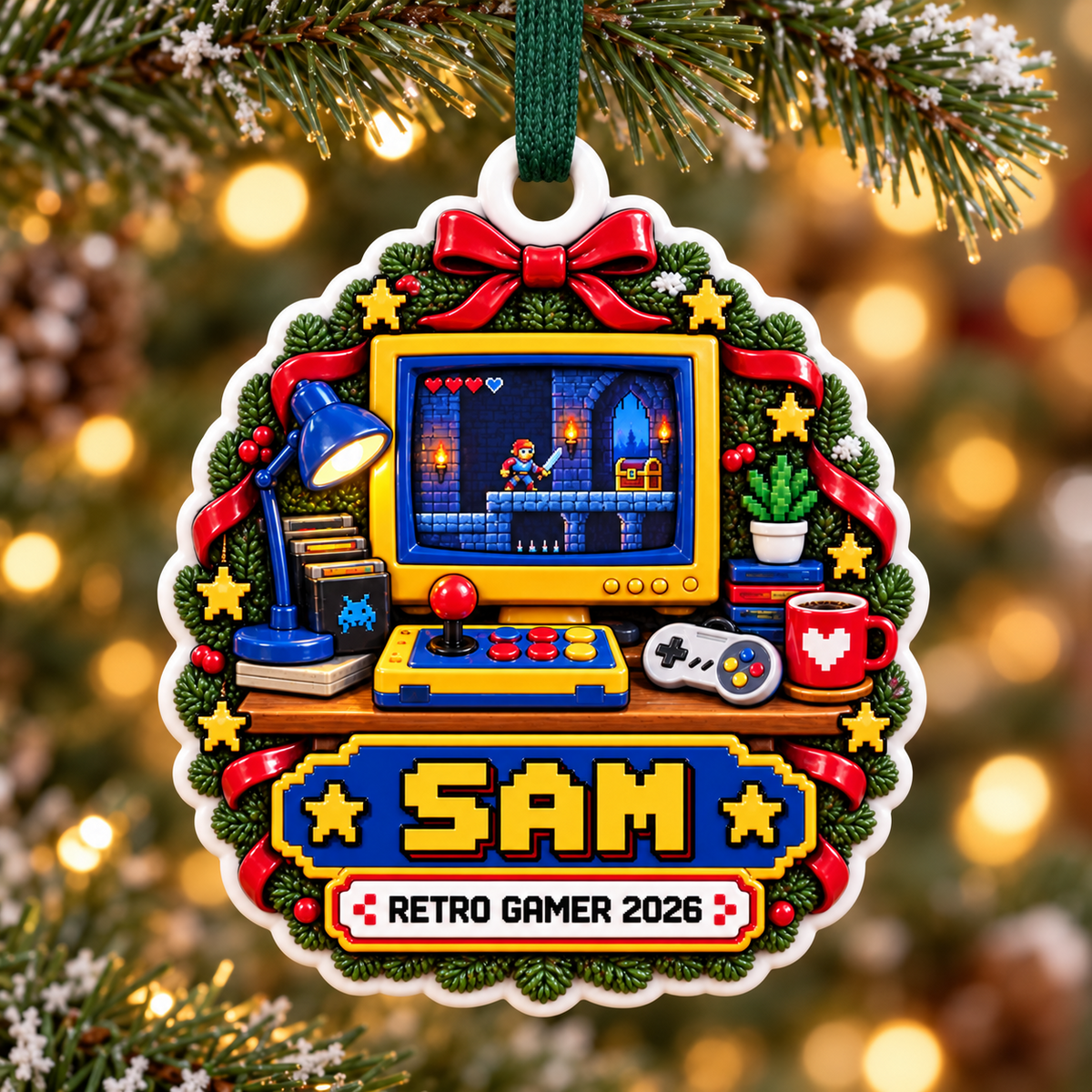 Retro Gamer Pixel Arcade Desk Holiday Hanging Keepsake - 3D Relief Ornament