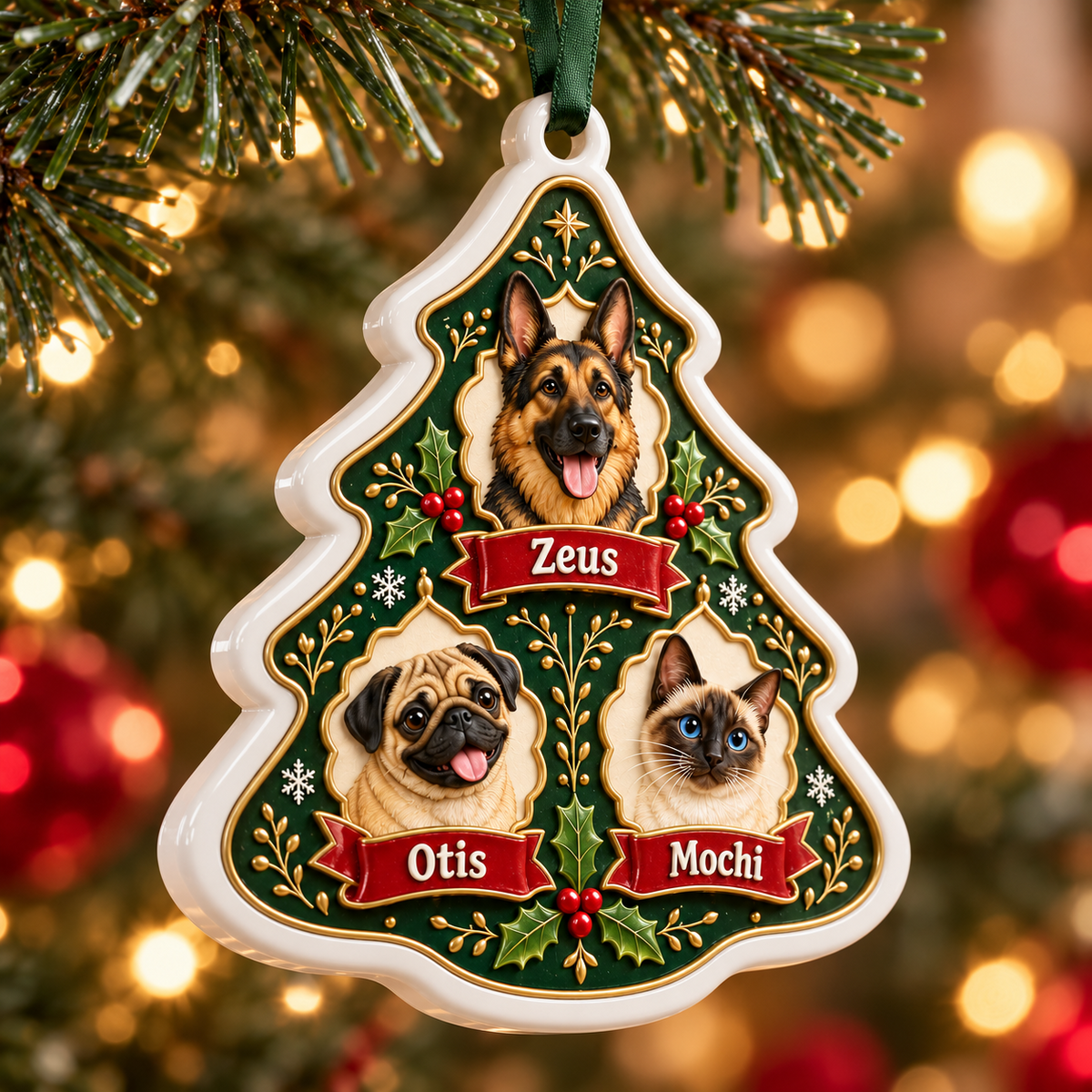 Christmas Tree Shaped Multi Pet Dog and Cat Ceramic Plaque - 3D Relief Ornament