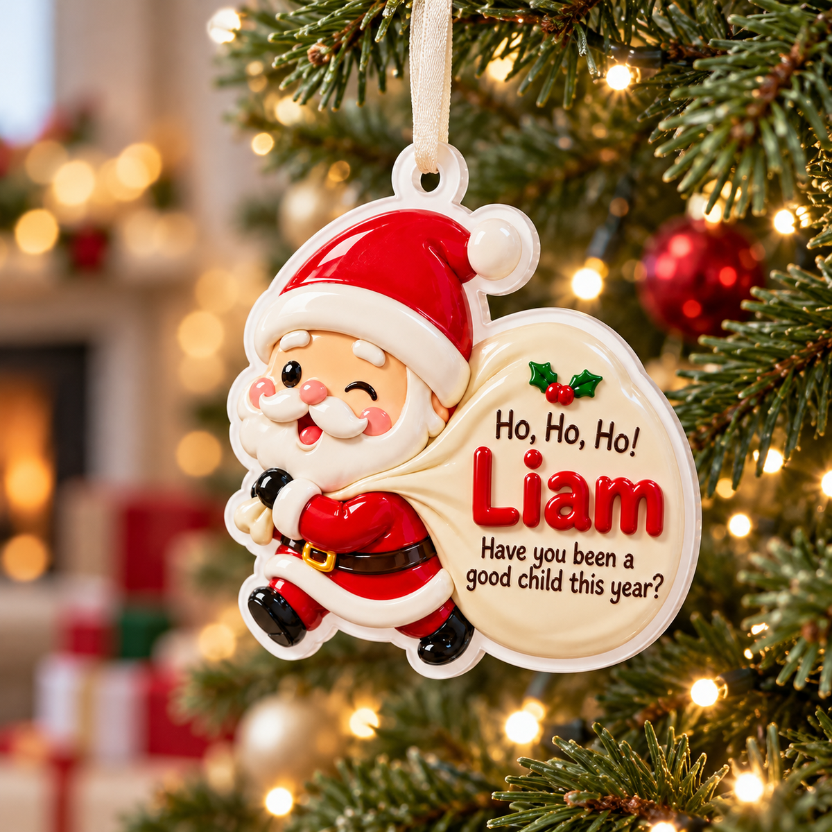 Santa Claus Silhouette White Acrylic Christmas Tree Holiday Hanging Decor - 3D Relief Ornament
