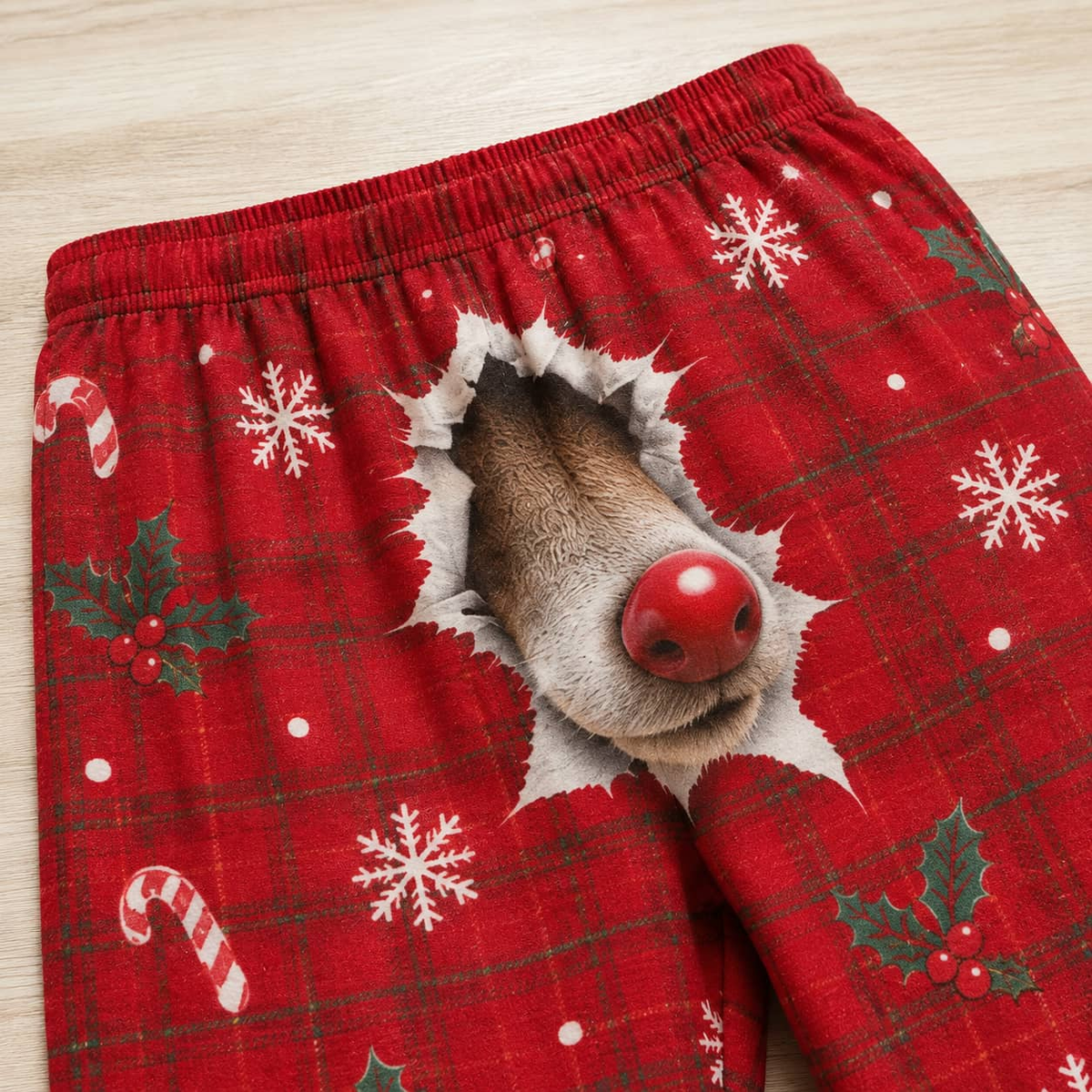 Mens Christmas Pajama Pants Red Plaid 3D Reindeer Nose Holiday Bottoms