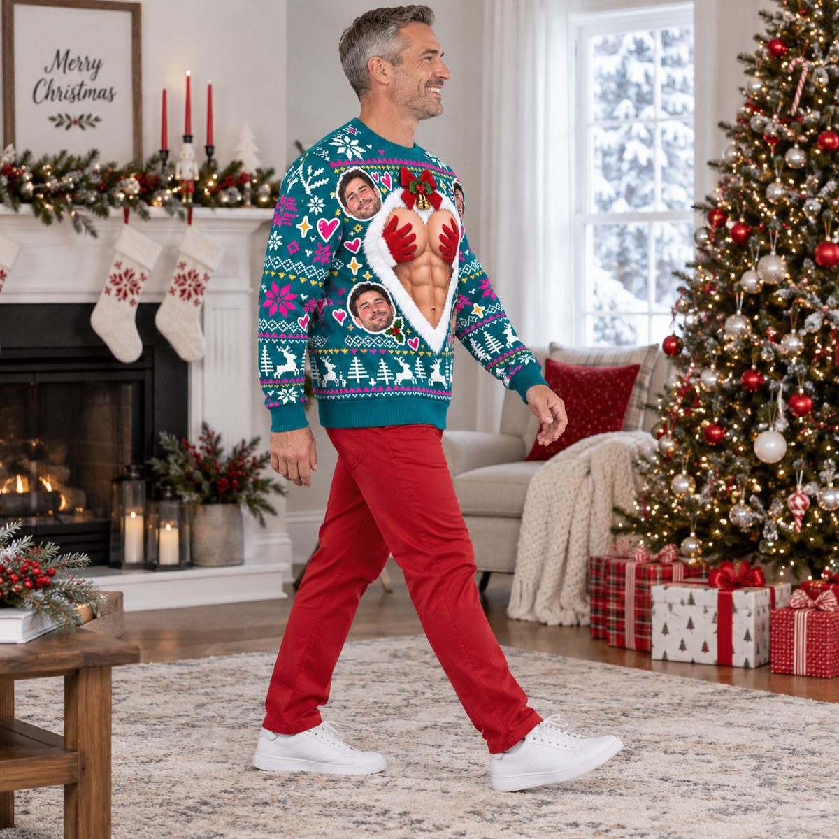 Funny Ugly Christmas Sweater Muscular Chest Heart Graphic Pullover
