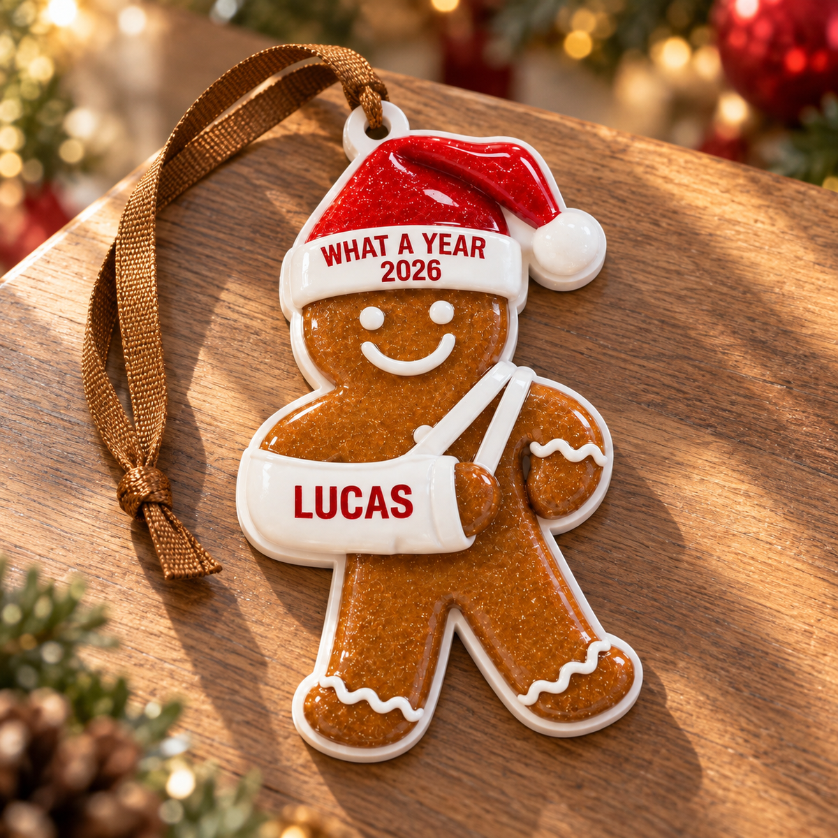 Gingerbread Man with Broken Arm Cast and Santa Hat Holiday Tree Decor - 3D Relief Ornament