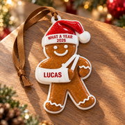 Gingerbread Man with Broken Arm Cast and Santa Hat Holiday Tree Decor - 3D Relief Ornament
