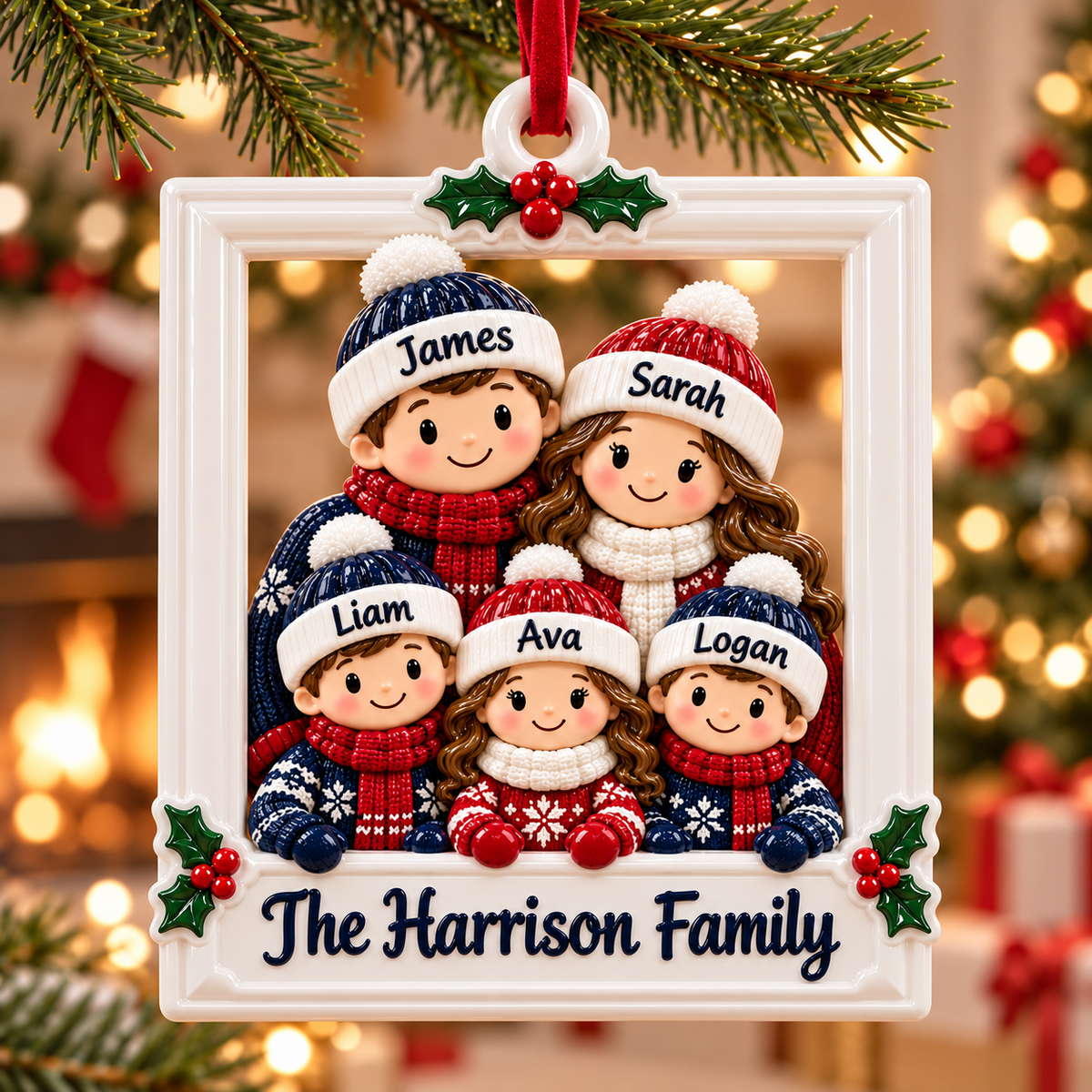 Christmas Family of 7 Winter Beanie Picture Frame Holiday Hanging - 3D Relief Ornament