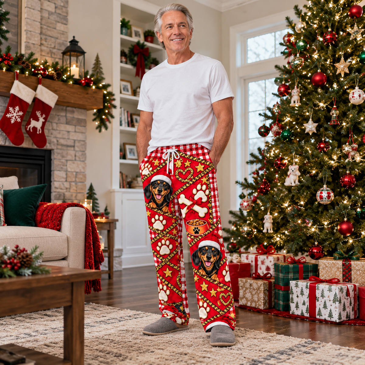 Mens Dog Christmas Pajama Pants Plaid Holiday Lounge Bottoms
