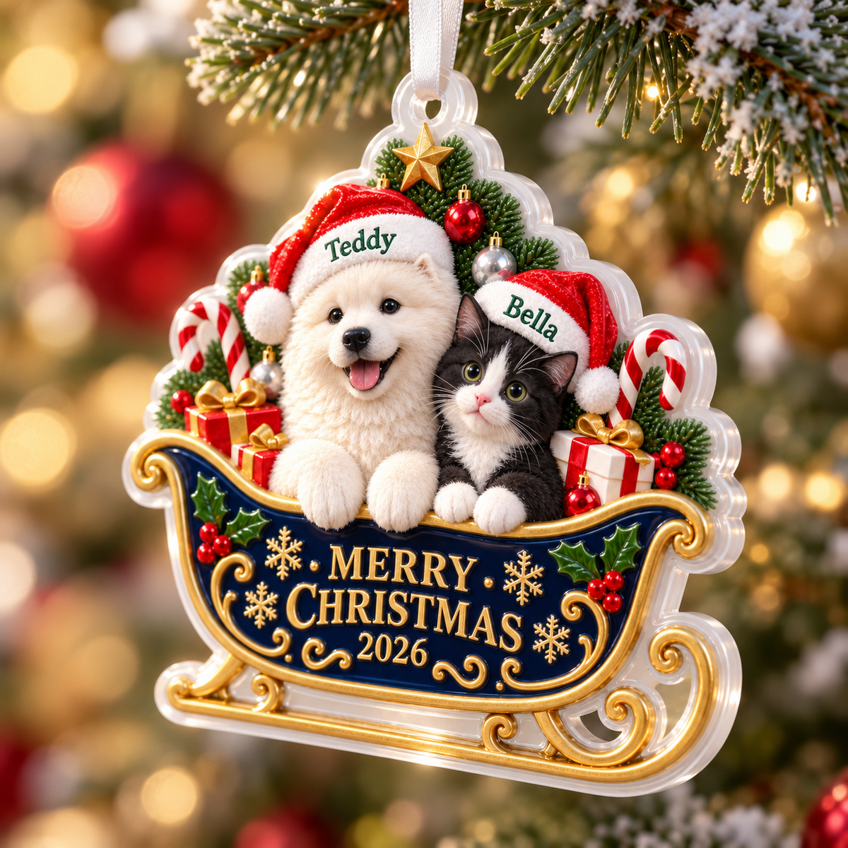 Dog and Cat in Santa Sleigh Acrylic Christmas Holiday Hanging Decoration - 3D Relief Ornament