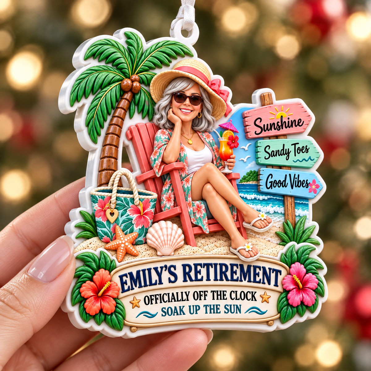 Beach Vacation Retirement Hanging Keepsake with Relaxing Woman and Palm Tree - 3D Relief Ornament