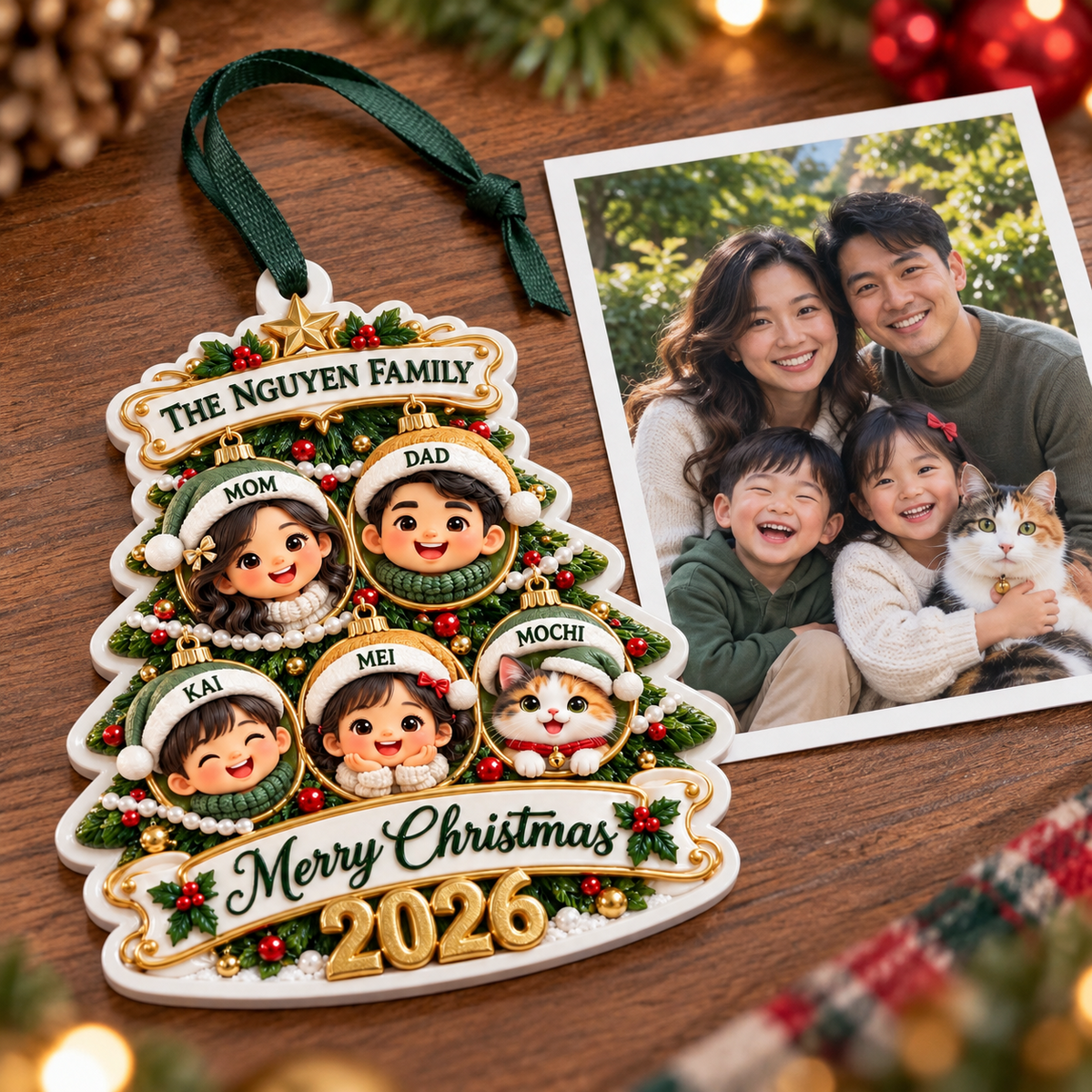 Christmas Tree Family of 5 with Pet Bauble Holiday Tree Hanging Keepsake - 3D Relief Ornament
