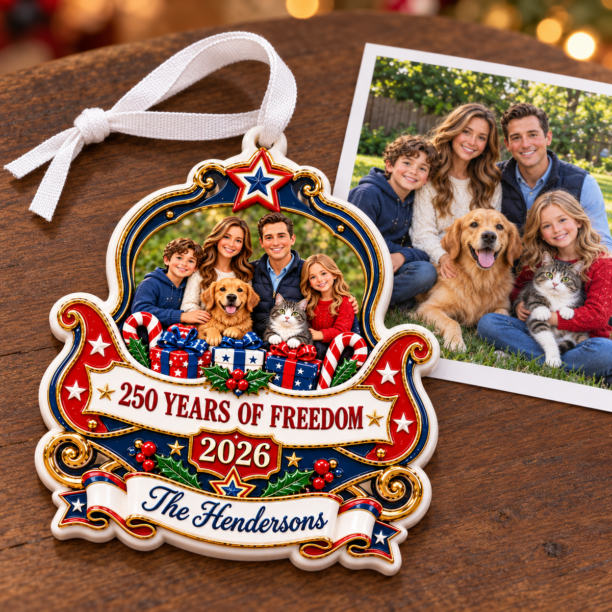 Family and Pets 250 Years of Freedom 2026 Semiquincentennial Patriotic Keepsake - 3D Relief Ornament