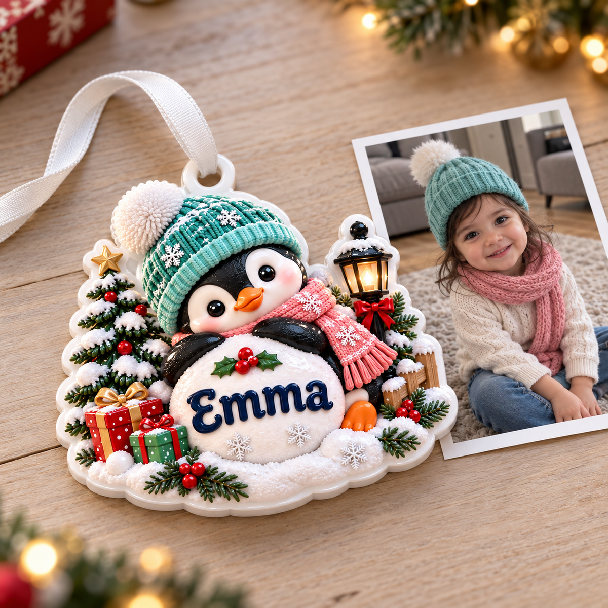 Winter Penguin with Christmas Tree and Streetlamp Holiday Keepsake - 3D Relief Ornament