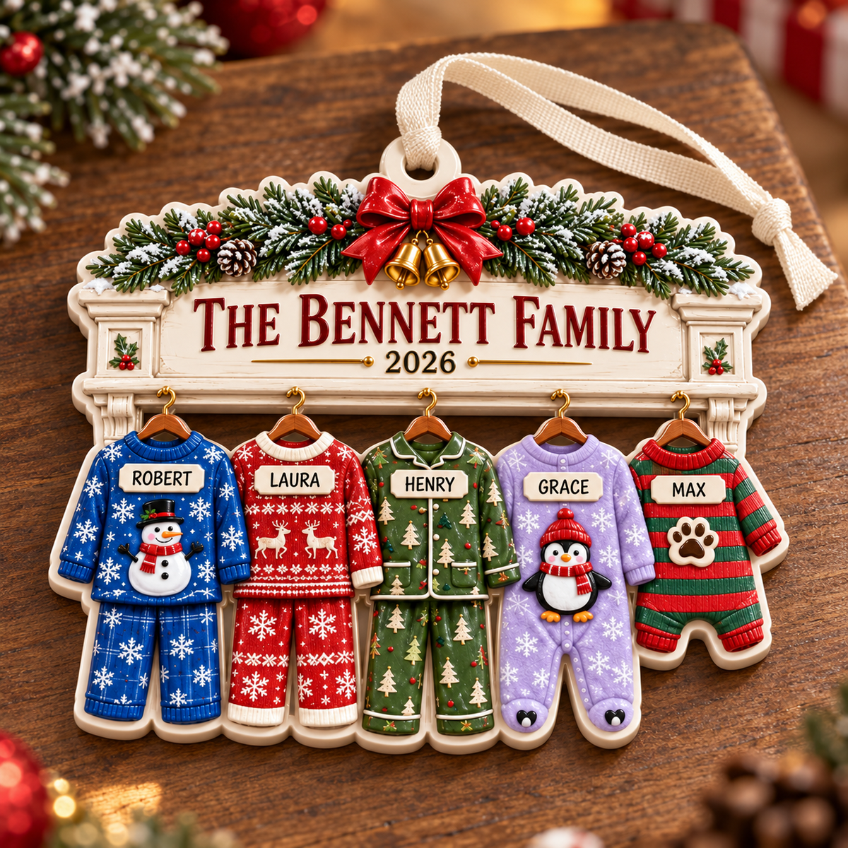 Family Pajamas Fireplace Mantle Hanging Holiday Keepsake - 3D Relief Ornament
