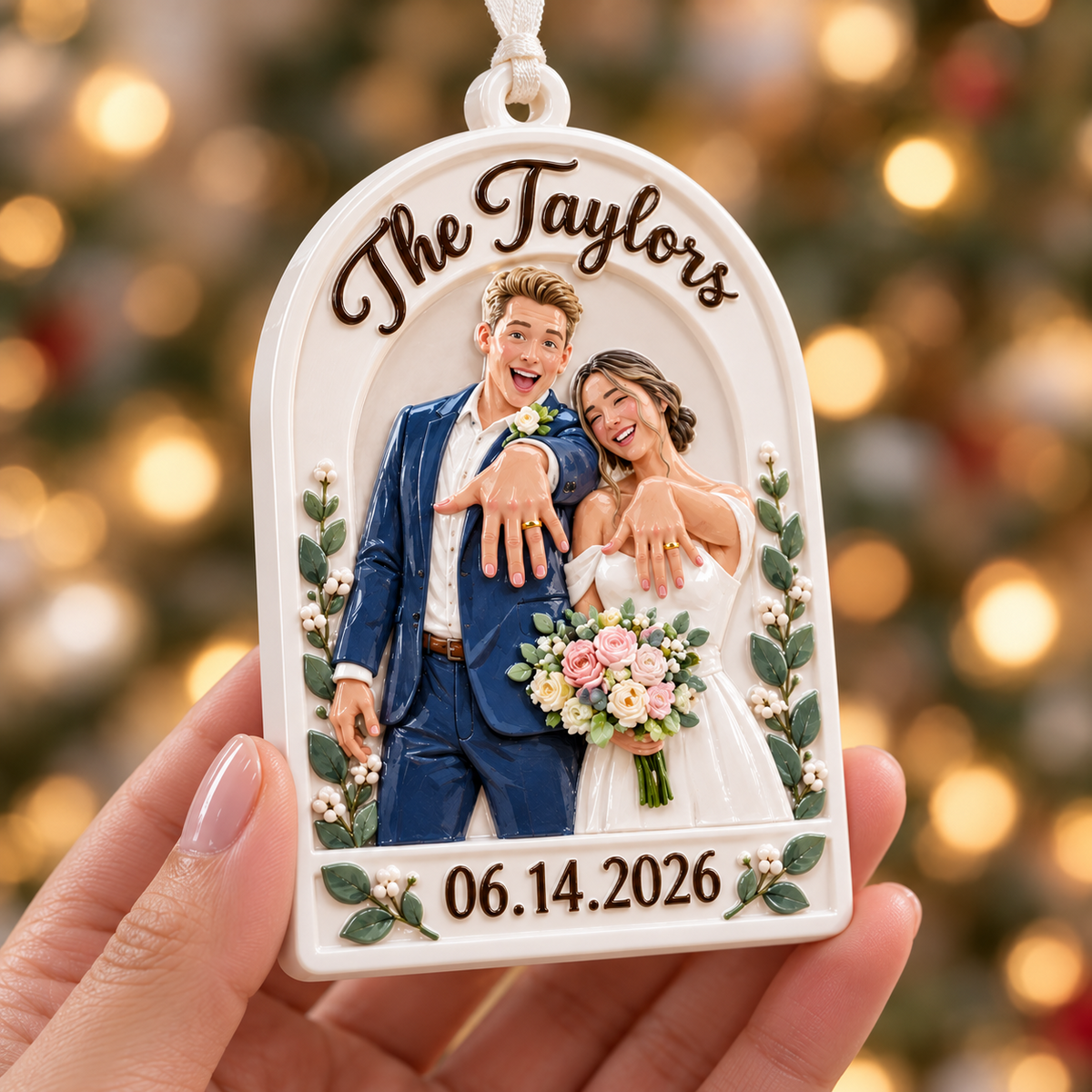 Newlywed Wedding Couple Arch Hanging Keepsake with Ribbon - 3D Relief Ornament