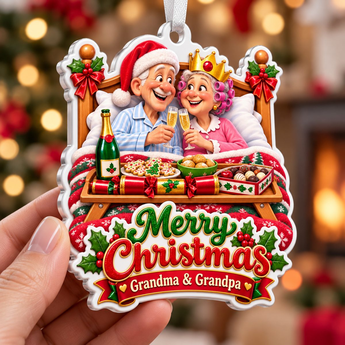 Grandma And Grandpa Breakfast In Bed Merry Christmas Holiday Keepsake - 3D Relief Ornament