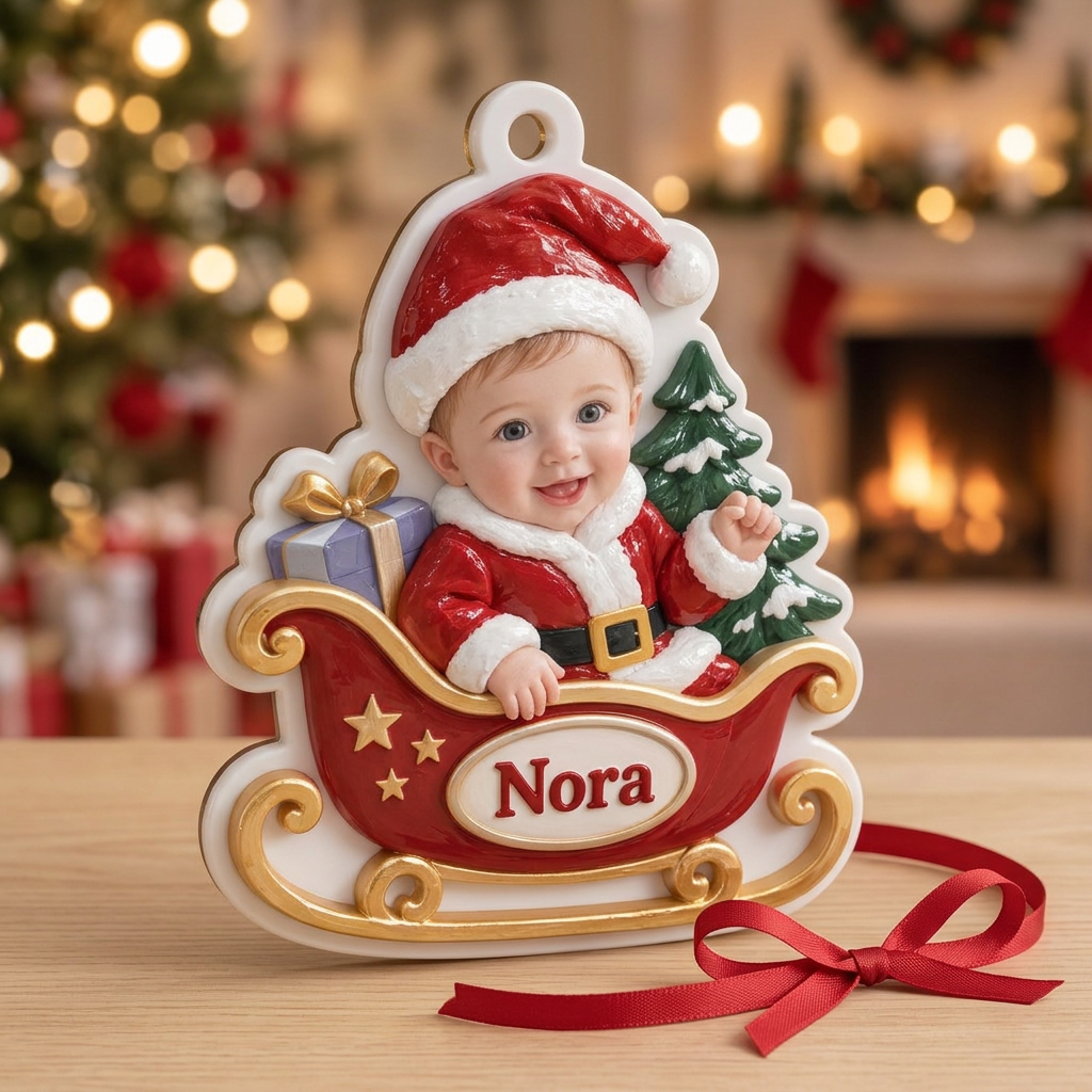 Baby Santa Sleigh Holiday Tree Hanging Keepsake in Red and Gold - 3D Relief Ornament